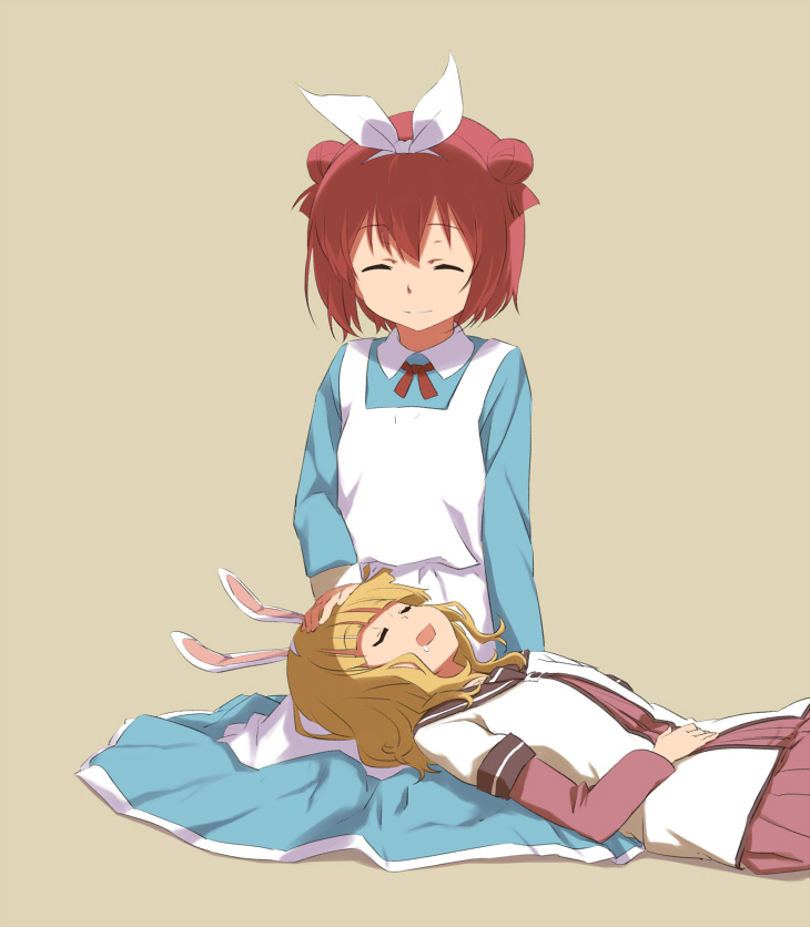 2girls ^_^ akaza_akari animal_ears apron blonde_hair blue_dress bow brown_background closed_eyes double_bun dress drooling closed_eyes fake_animal_ears hair_bow hair_bun lap_pillow lying multiple_girls oomuro_sakurako open_mouth rabbit_ears red_hair saliva school_uniform serafuku shikou_sakugo_(qqap9gt9k) shikousakugo simple_background single_hair_bun sitting smile yuruyuri
