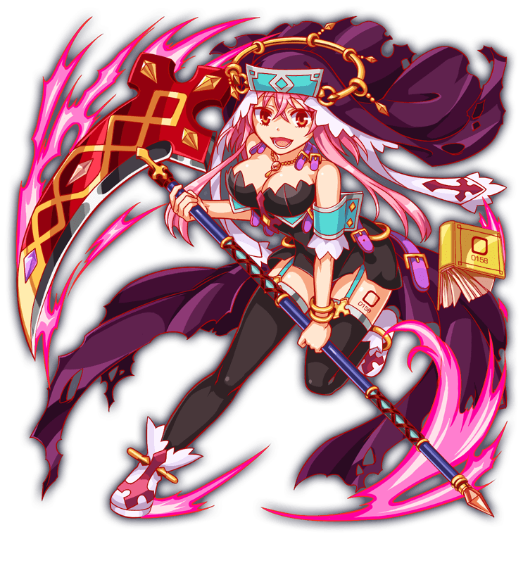 1girl adapted_costume alternate_costume anime_coloring aqua_garter_straps aqua_wrist_cuffs artist_request bare_shoulders belt belt_buckle black_dress black_thighhighs book bracelet breasts buckle buttoned_cuffs buttons cape charlotte_(crash_fever) coif crash_fever cross cross_print dress full_body game_cg garter_straps gold_anklet gold_bracelet gold_buckle gold_necklace hair_between_eyes holding holding_scythe jewelry large_breasts leg_tattoo leg_up long_sidelocks looking_at_viewer lower_teeth_only necklace number_print number_tattoo numbered official_alternate_costume official_art open_mouth outline pink_eyes pink_hair purple_belt purple_cape purple_veil red_outline scythe sidelocks solo square square_print square_tattoo strapless strapless_dress tachi-e tattoo teeth thighhighs third-party_source tight_clothes tight_dress tongue torn_cape torn_clothes torn_veil transparent_background two-tone_footwear veil waist_cape white_coif white_footwear wrist_cuffs