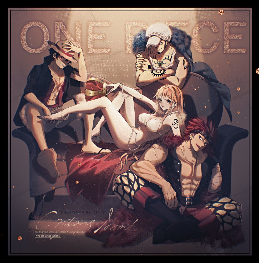 1girl 3boys arm_tattoo bare_legs bare_shoulders beads belt belt_buckle bikini black_hair breasts buckle chest_tattoo coat coat_on_shoulders commentary_request copyright_name couch cross_scar crossed_arms crown earrings eustass_kid facial_hair full_body fur-trimmed_coat fur-trimmed_shorts fur_trim goggles goggles_on_head hand_on_headwear hat high_heels holding holding_crown indian_style jacket jewelry large_breasts legs long_hair looking_at_viewer lying monkey_d._luffy multiple_belts multiple_boys nami_(one_piece) on_back on_couch one_piece open_clothes open_jacket open_shirt orange_hair pearl_earrings pectorals red_hair sandals scar scar_on_chest shorts shoulder_tattoo single_sidelock sitting straw_hat swimsuit tank_top tattoo thighs trafalgar_law white_bikini white_hat white_tank_top yum_xoxo_yum