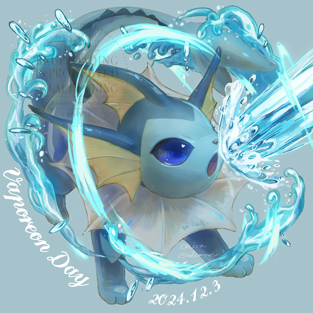 animal_focus blue_background blue_eyes commentary fins gen_1_pokemon head_fins momomo12 nintendo no_humans open_mouth pokemon pokemon_(creature) solo vaporeon water water_pulse_(pokemon)