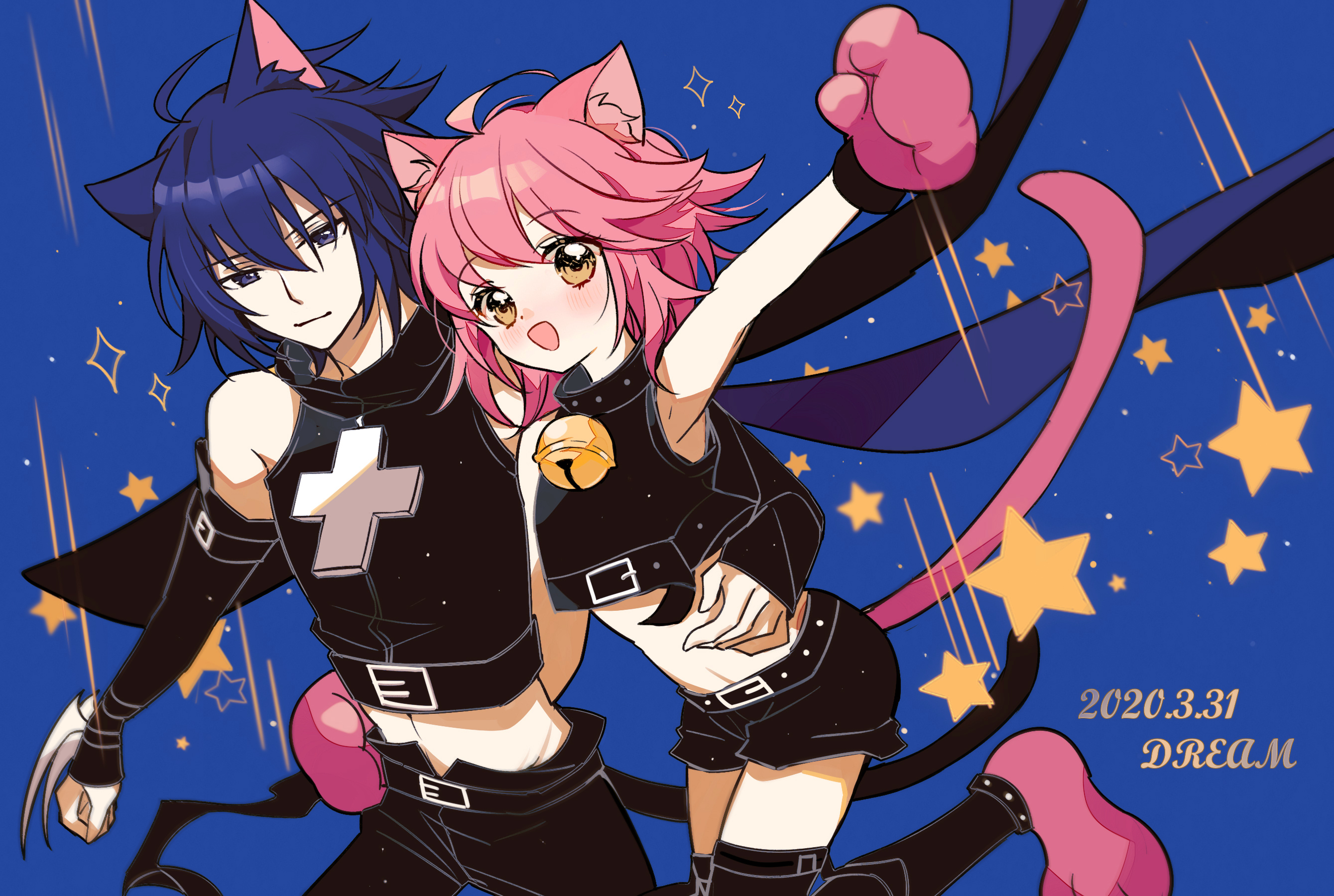 1boy 1girl 2020 ahoge alternate_costume animal_ears animal_hands artist_name black_collar black_lynx black_shirt black_shorts blue_background brown_eyes cat_boy cat_ears cat_girl cat_paws cat_tail collar crop_top dated dream_han hair_down hetero highres hinamori_amu looking_at_viewer pink_hair shirt shorts shugo_chara! star_(symbol) tail tsukiyomi_ikuto