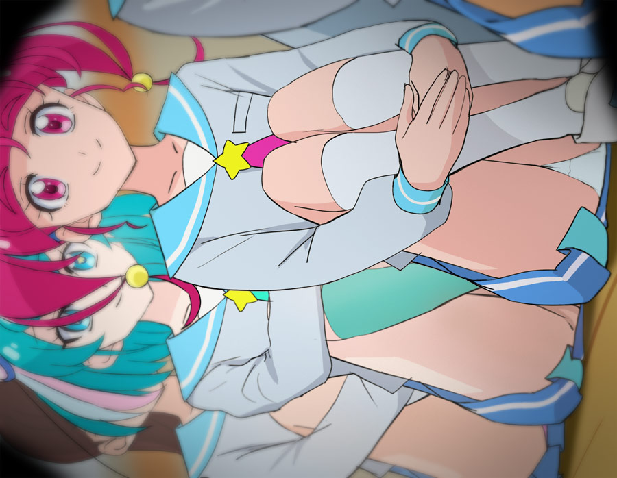 4girls aqua_eyes aqua_hair hagoromo_lala haruyama_kazunori hoshina_hikaru kneehighs long_sleeves mihoshi_middle_school_uniform multiple_girls no_panties panties pantyshot precure red_eyes red_hair school_uniform short_hair sitting smile socks star-shaped_pupils star_(symbol) star_twinkle_precure symbol-shaped_pupils twintails underwear white_panties white_socks