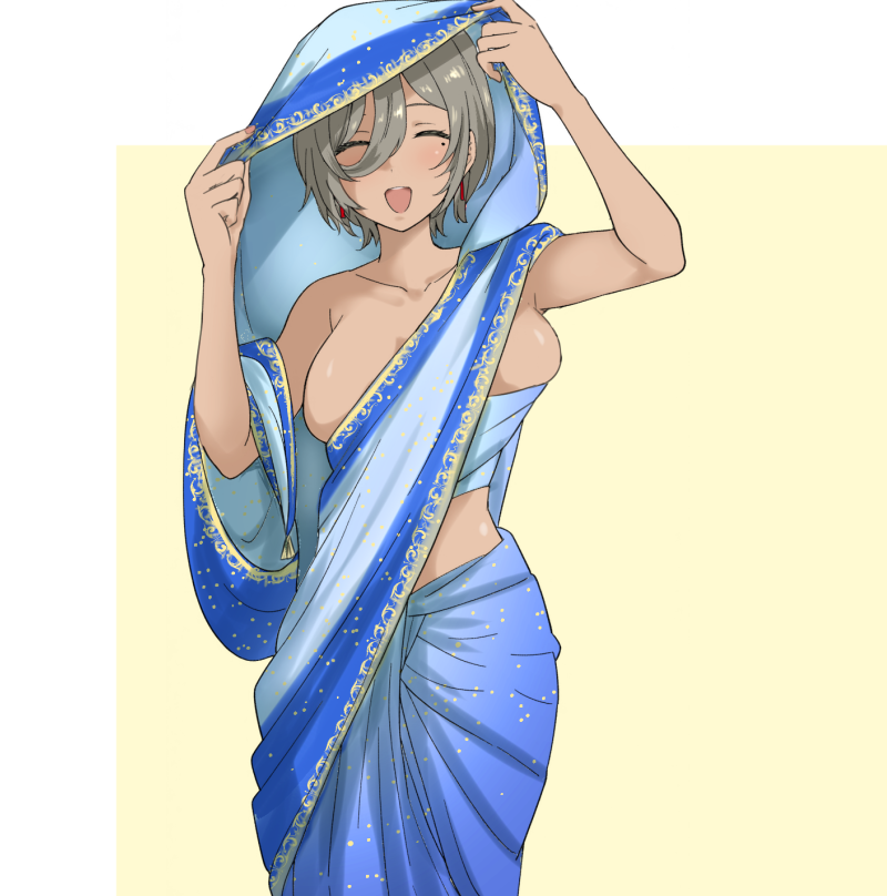 1girl breasts brown_hair cleavage closed_eyes earrings girls_band_cry indian_clothes jewelry large_breasts mole mole_under_eye raya_(yuri15923) rupa_(girls_band_cry) sari short_hair tan white_background yellow_background