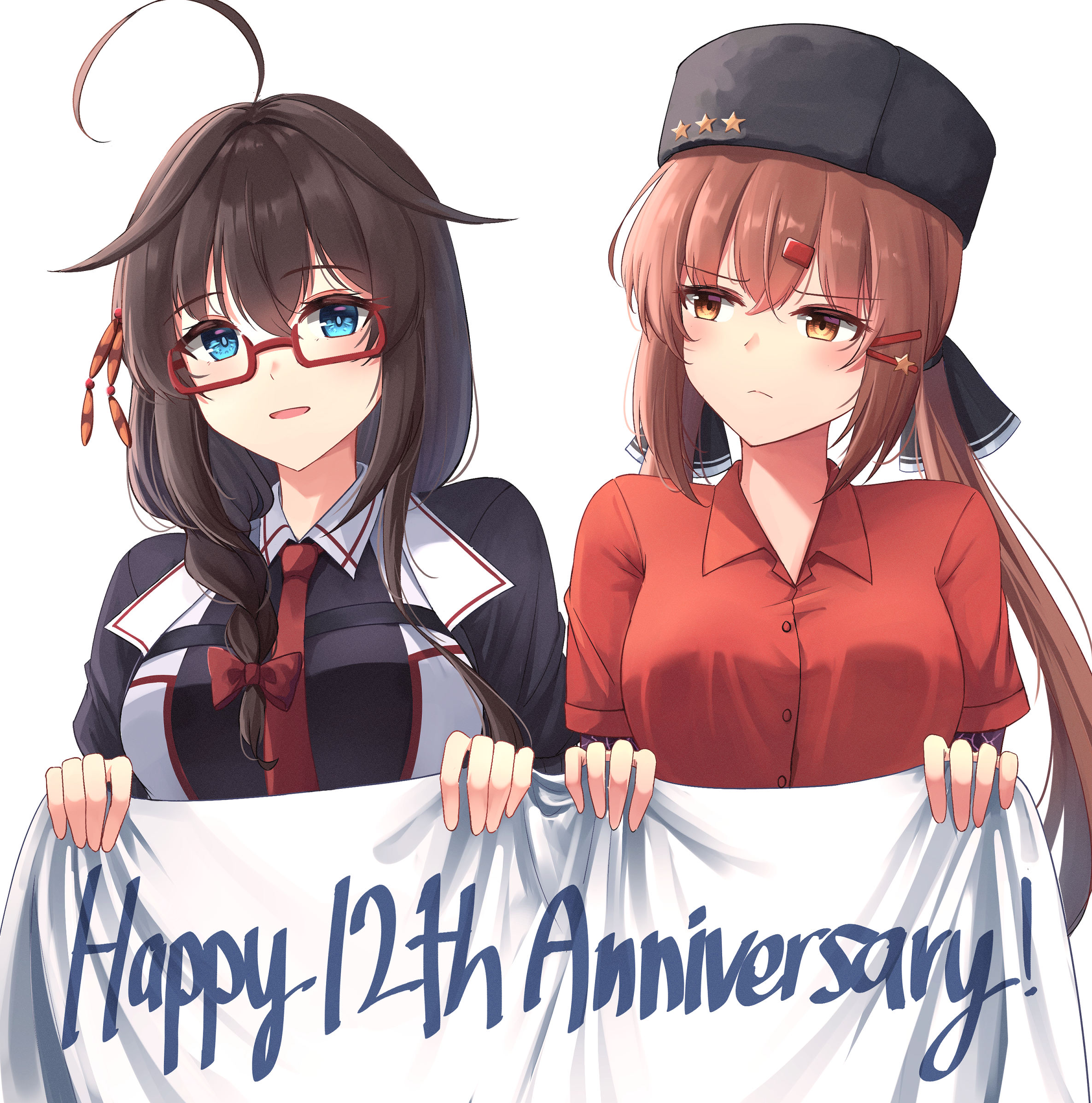 2girls ahoge banner black_hat black_shirt blue_eyes glasses hair_ornament hair_ribbon hairclip hat highres kantai_collection kuneamorai multiple_girls red_shirt ribbon shigure_(kancolle) shigure_kai_san_(kancolle) shirt star_(symbol) tashkent_(kancolle) white_background yellow_eyes