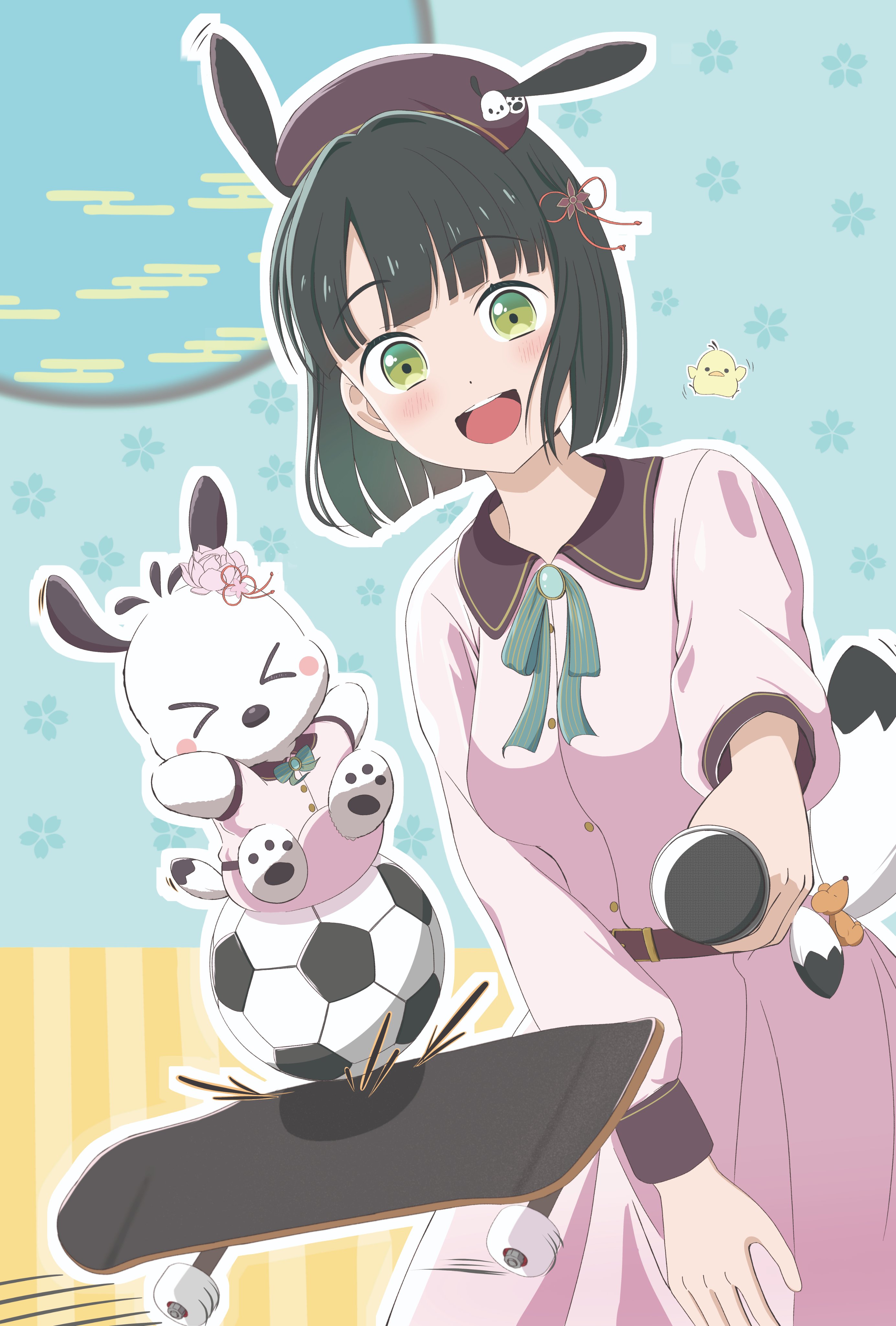 >_< 1girl :d absurdres ball black_hair blue_background blunt_bangs blunt_ends blush breasts commentary dream_believers egasumi flower flower_knot green_eyes hair_flower hair_ornament highres holding holding_microphone link!_like!_love_live! love_live! medium_breasts microphone momose_ginko morio_(mmorio_mu) official_alternate_costume open_mouth outline pochacco sanrio short_hair skateboard smile soccer_ball virtual_youtuber white_outline
