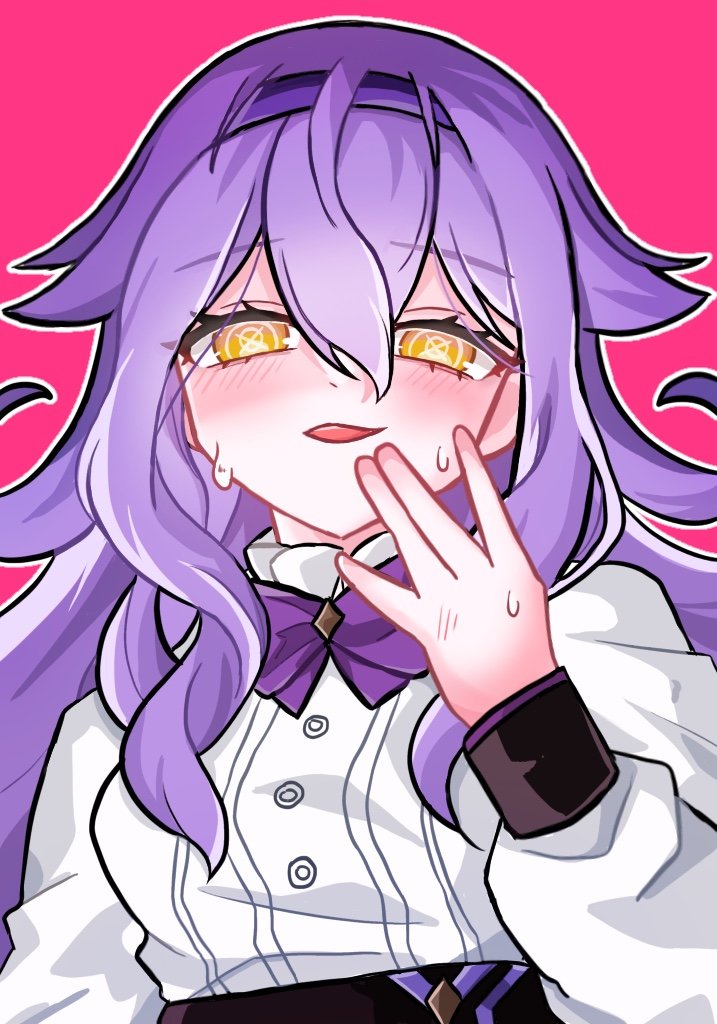 1girl black_skirt bow brown_eyes commentary_request hair_between_eyes half-closed_eyes honkai_(series) honkai_impact_3rd long_hair long_sleeves looking_at_viewer outline puffy_long_sleeves puffy_sleeves purple_bow purple_hair red_background saewon shirt simple_background sirin sirin_(magic_academy_uniform) sirin_(miracle_magical_girl) skirt smile solo upper_body white_outline white_shirt