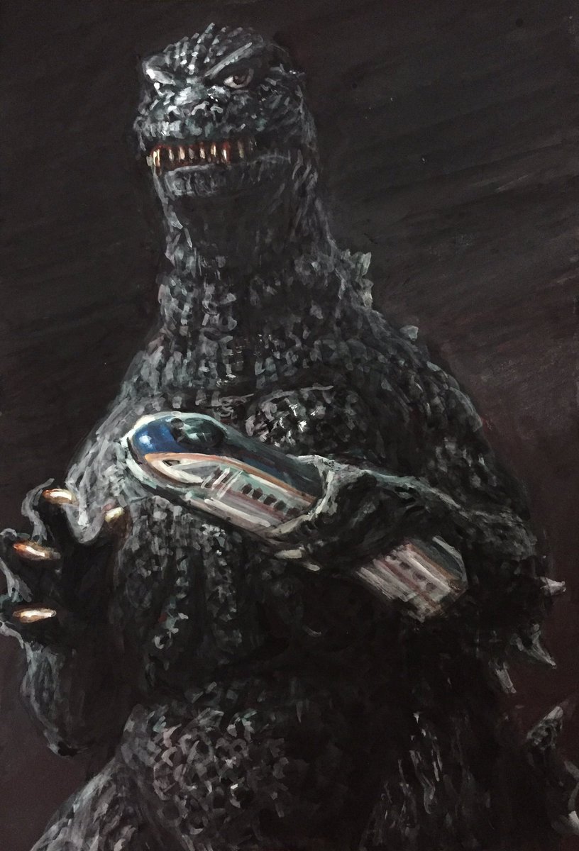 black_background black_sky claws dinosaur g.n.a giant giant_monster godzilla godzilla_(series) highres holding kaiju monster night no_humans sharp_teeth simple_background sky spikes teeth the_return_of_godzilla toho train