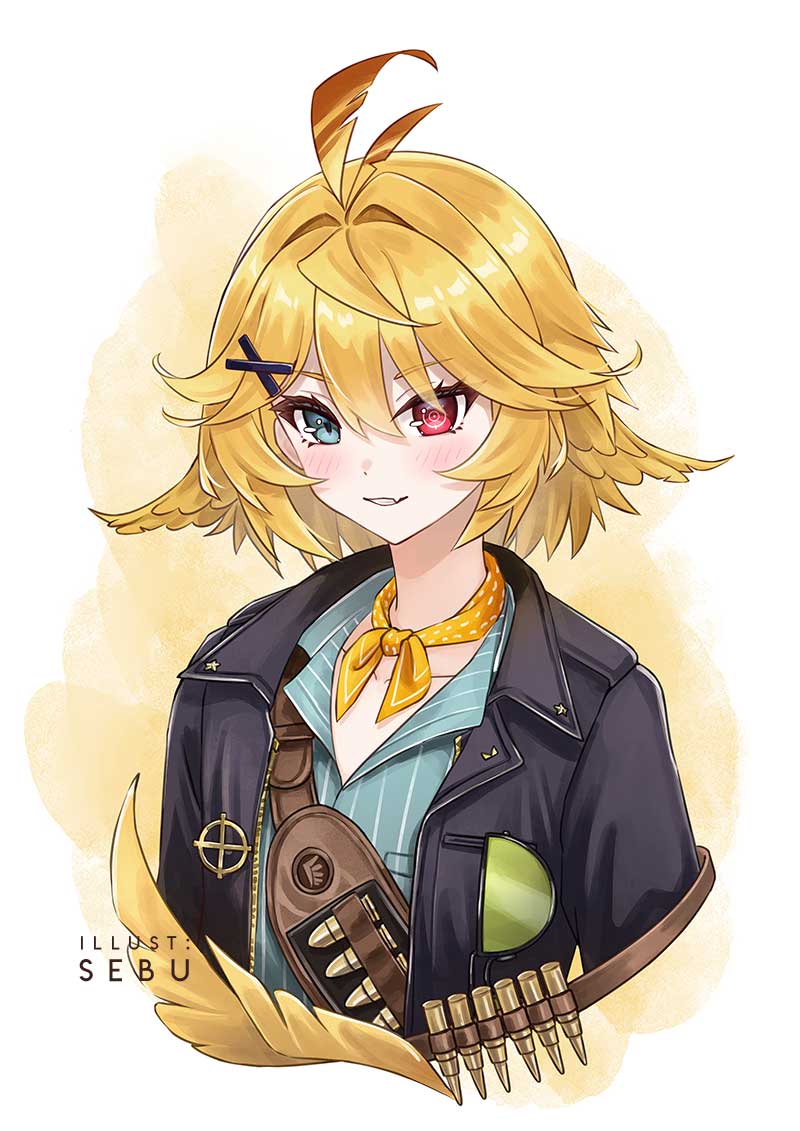 1girl ahoge ammunition aqua_shirt artist_name bandolier belt blonde_hair blush bullet commentary cropped_torso dokibird_(vtuber) dokibird_(vtuber)_(bounty_hunter) english_commentary feather_hair flipped_hair green_eyes hair_ornament heterochromia indie_virtual_youtuber looking_down neckerchief orange_neckerchief pinstripe_pattern pinstripe_shirt red_eyes sebu_illust shirt simple_background solo target virtual_youtuber white_background x_hair_ornament yellow_background