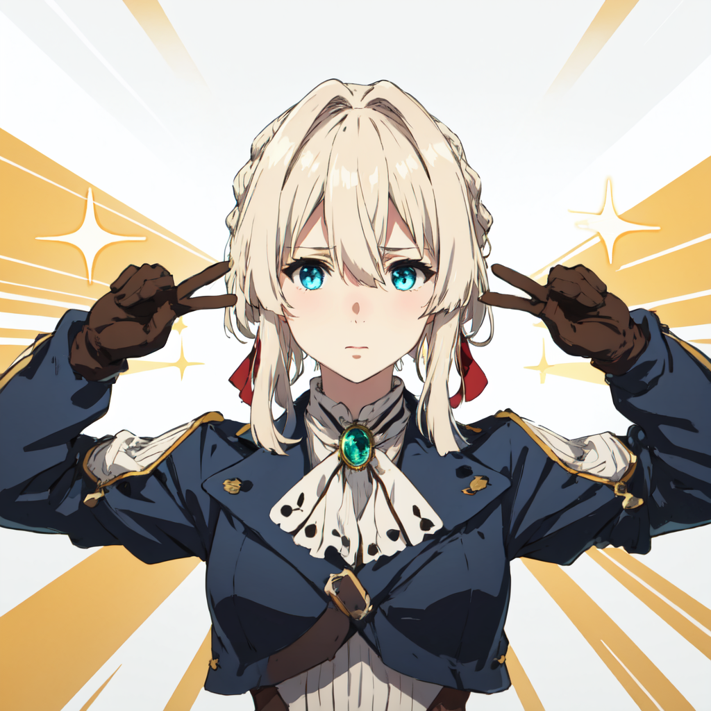 1girl ascot blonde_hair blue_eyes blue_jacket blush braid brooch brown_gloves closed_mouth crown_braid double_v emotional_engine_-_full_drive gloves hair_intakes jacket jewelry looking_at_viewer nose simple_background source_request v violet_evergarden violet_evergarden_(series)