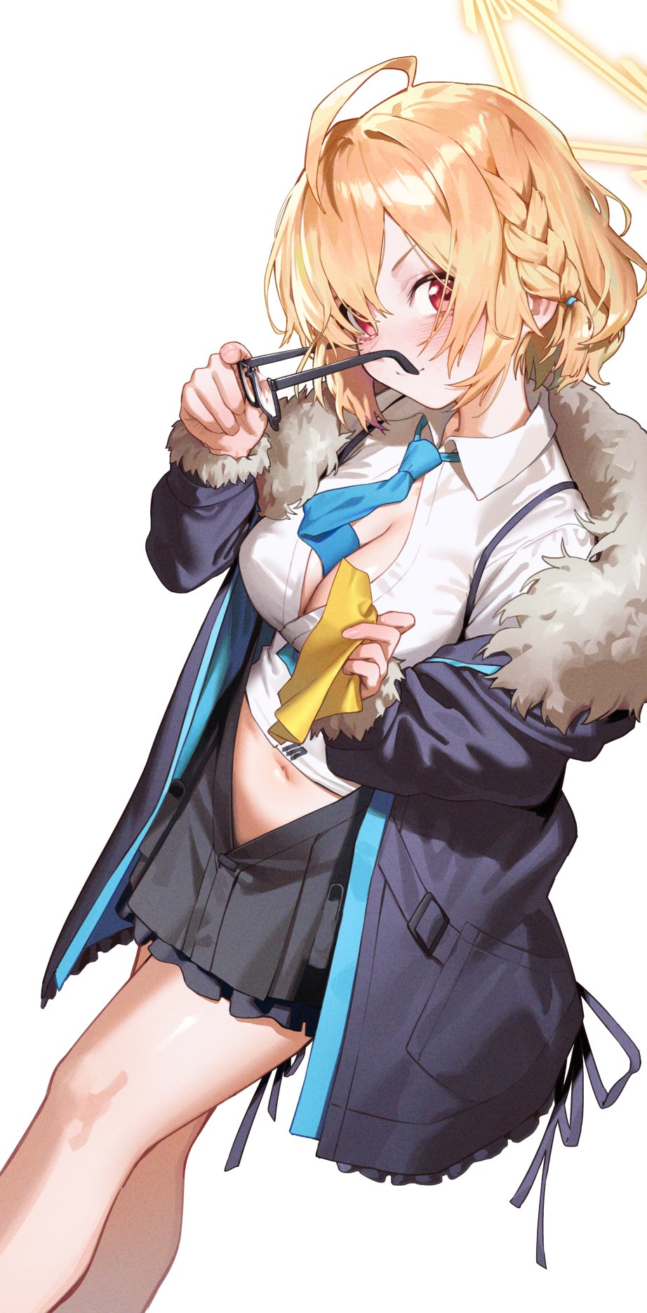 1girl ahoge belly black_cola blonde_hair blue_archive braid breasts cleavage coat fur_trim glasses halo highres kotori_(blue_archive) large_breasts midriff navel necktie pleated_skirt red_eyes simple_background skirt white_background