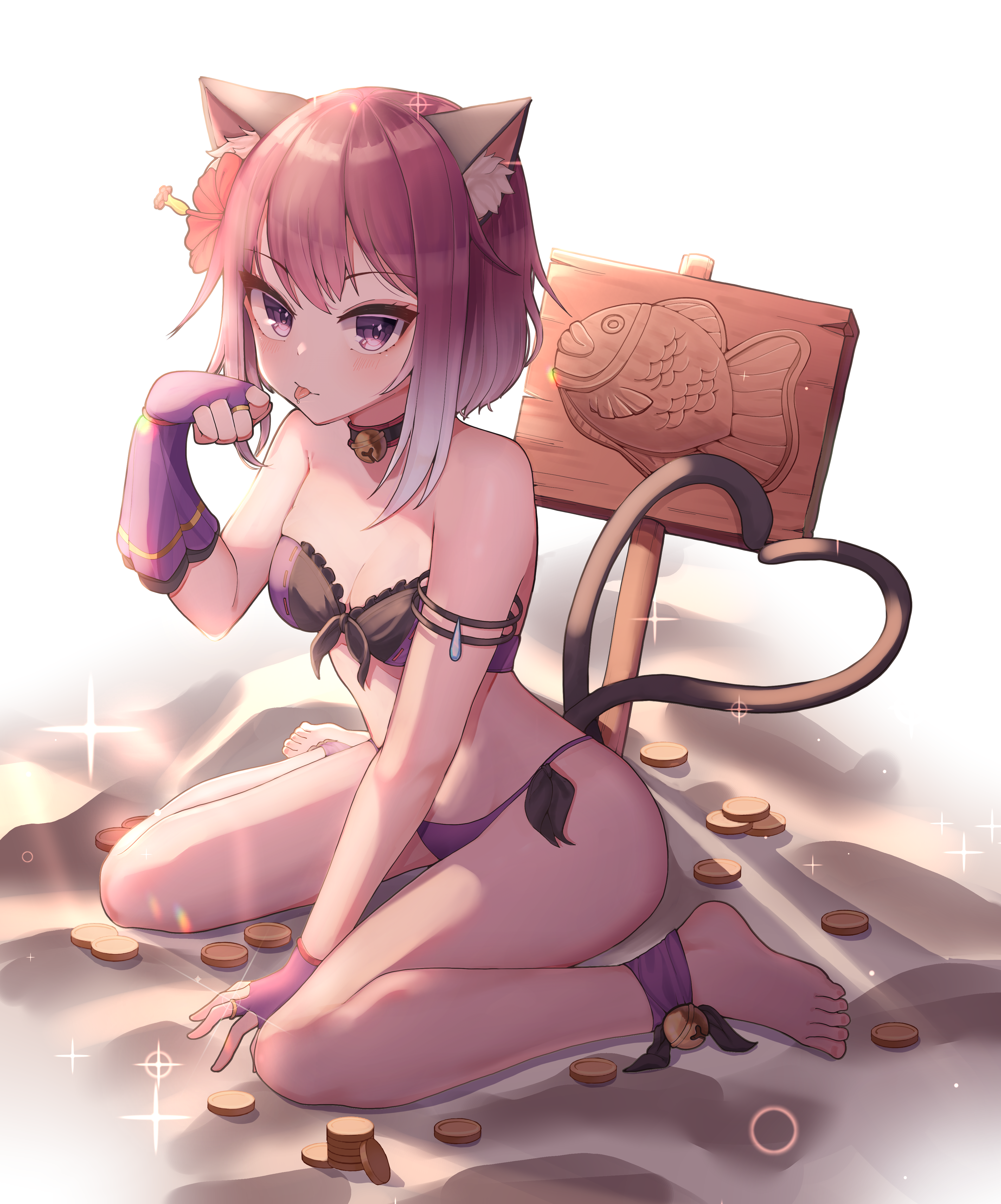 1girl absurdres animal_ear_fluff animal_ears bare_legs bare_shoulders barefoot bell breasts cat_ears cat_girl cat_tail coin commentary eyelashes feet fingerless_gloves flower forehead full_body gloves hair_flower hair_ornament heart heart_tail hibiscus highres jingle_bell looking_at_viewer medium_hair multicolored_hair multiple_tails neck_bell outdoors paw_pose pomp_(qhtjd0120) princess_connect! purple_eyes purple_gloves purple_hair sand shadow sign sitting small_breasts solo sparkle streaked_hair symbol-only_commentary tail tamaki_(princess_connect!) tamaki_(summer)_(princess_connect!) thighs toes tongue tongue_out two-tone_hair two_tails wariza white_hair