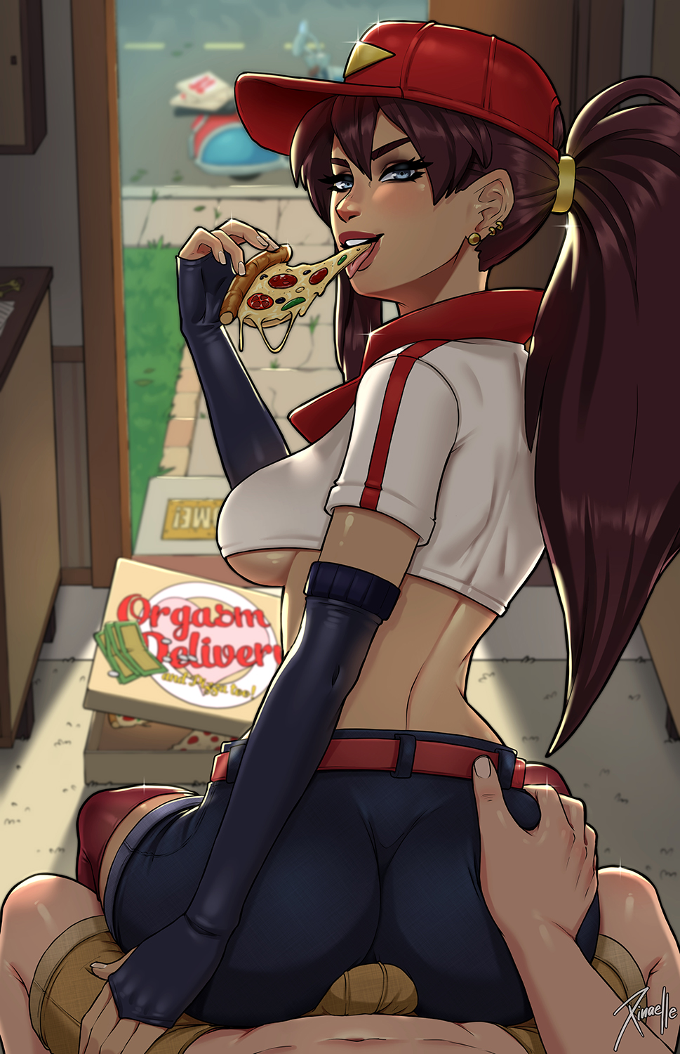 1boy 1girl belt black_shorts blue_eyes breasts brown_hair bulge commentary delivery door eating english_commentary fingerless_gloves food gloves hat hetero highres holding holding_food holding_pizza league_of_legends medium_breasts pizza pizza_delivery_sivir pizza_slice ponytail pov red_belt red_thighhighs shorts sitting sitting_on_lap sitting_on_person sivir thighhighs underboob xinaelle