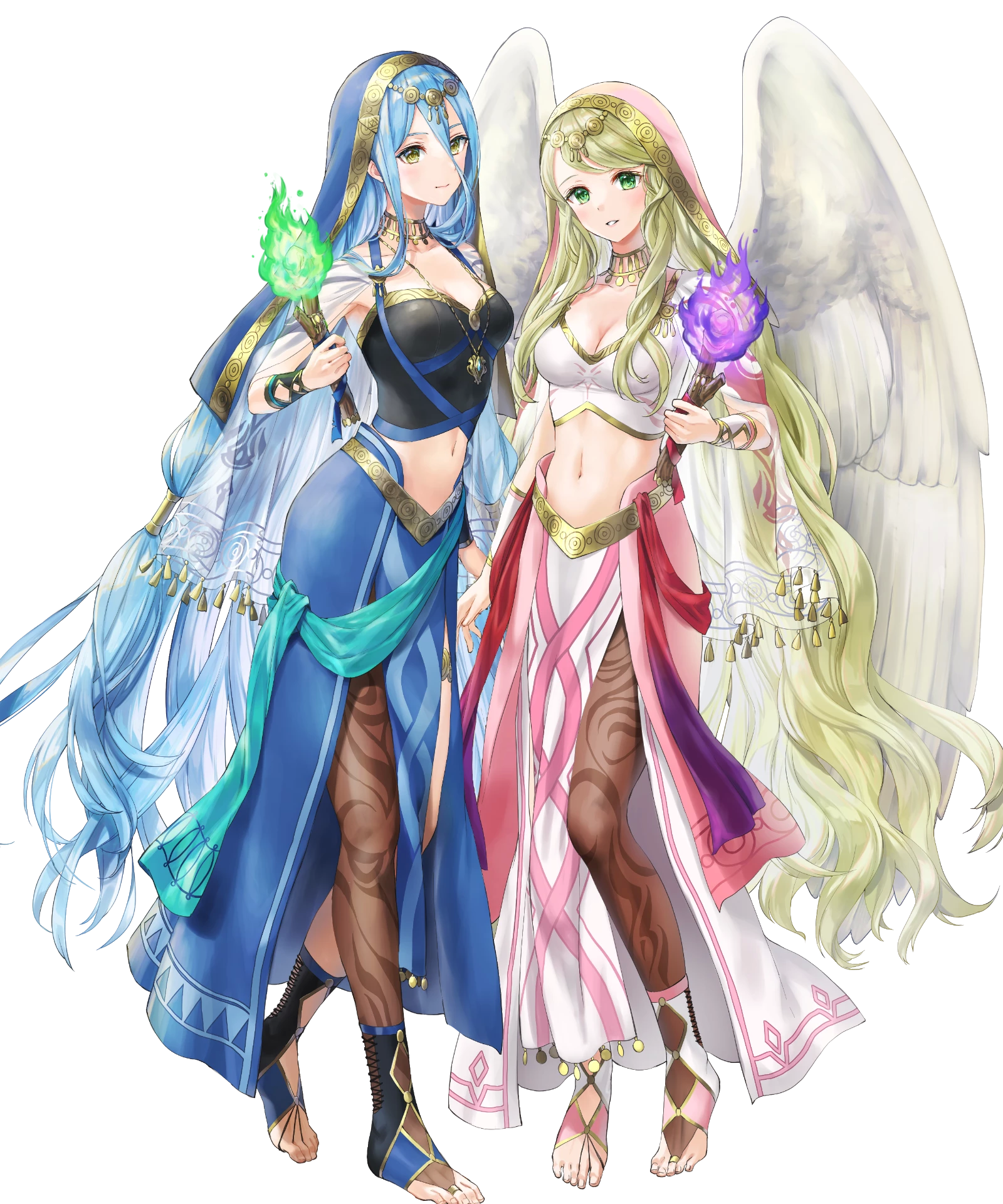 2girls azura_(fire_emblem) azura_(hatari)_(fire_emblem) blonde_hair blue_eyes breasts capelet detached_collar dress feathered_wings fire fire_emblem fire_emblem:_radiant_dawn fire_emblem_fates fire_emblem_heroes full_body gold_trim green_eyes habit highres holding jewelry kaya8 leanne_(fire_emblem) leanne_(hatari)_(fire_emblem) long_hair medium_breasts midriff multiple_girls navel necklace nintendo non-web_source official_art pantyhose see-through_clothes simple_background stomach toes torch transparent_background very_long_hair wings yellow_eyes