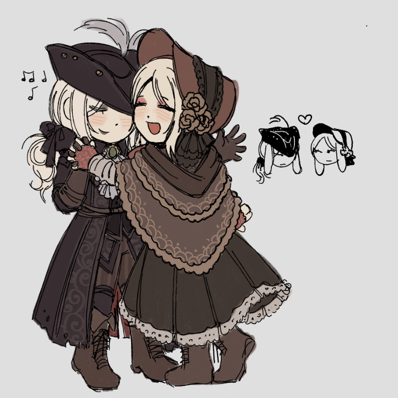 2girls black_bow black_coat black_dress black_hat bloodborne bonnet boots bow brown_boots brown_capelet capelet chibi chibi_inset closed_eyes coat dress failentineland grey_background hair_bow hat heart holding_hands lace-up_boots lady_maria_of_the_astral_clocktower long_hair multiple_girls musical_note open_mouth plain_doll red_bonnet simple_background smile tricorne white_hair yuri