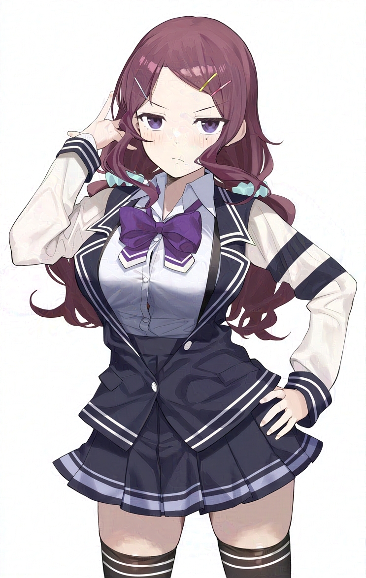 1girl black_thighhighs blazer blue_jacket blue_skirt blush bow bowtie breasts brown_hair cevio collared_shirt cowboy_shot hair_ornament hairclip jacket large_breasts low_twintails mole mole_under_eye natsuki_karin purple_bow purple_bowtie purple_eyes shirt simple_background skirt solo swept_bangs synthesizer_v thighhighs twintails v-shaped_eyebrows white_background white_shirt yappen