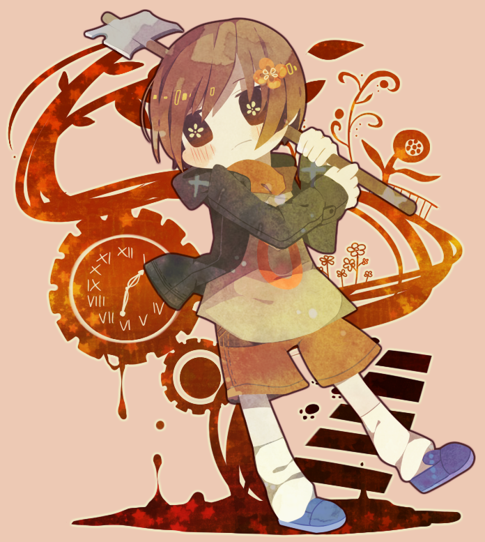 1girl axe bad_id bad_pixiv_id brown_eyes brown_hair chie_(lcddem) clock female_focus flower hair_flower hair_ornament jacket lcddem sakurakunet short_hair shorts solo symbol-shaped_pupils weapon
