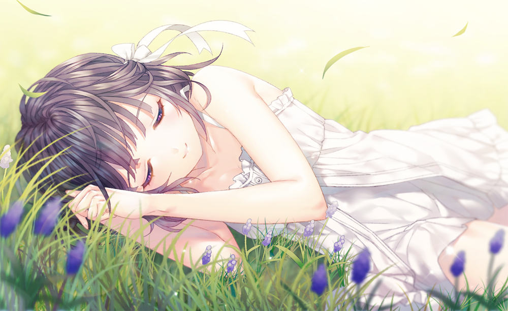 1girl black_hair blurry closed_eyes depth_of_field female_focus flower grass hair_ribbon lying on_side original outdoors ribbon saban short_hair sleeping smile solo wind