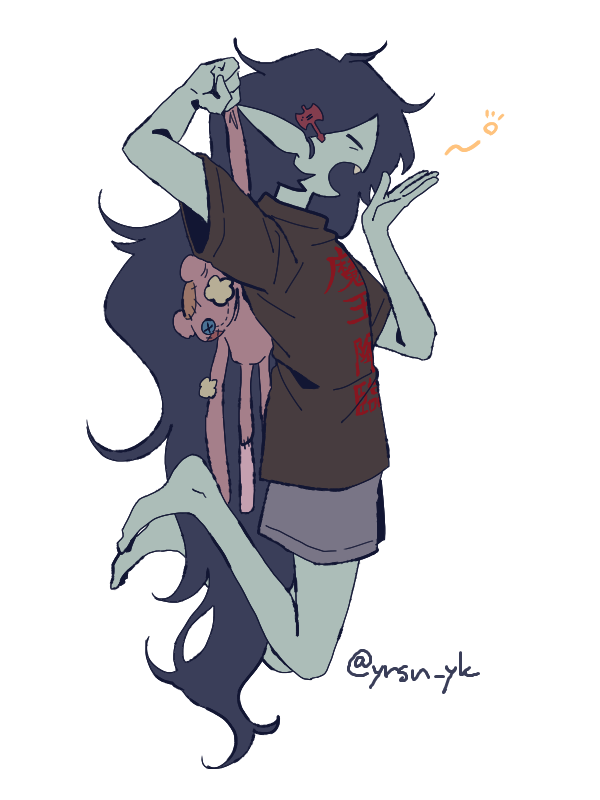 1girl adventure_time artist_name barefoot closed_eyes commentary fangs from_side holding holding_stuffed_toy long_hair long_pointy_ears marceline_abadeer pointy_ears raya_(uk_0128) shorts simple_background solo stuffed_toy vampire white_background yawning
