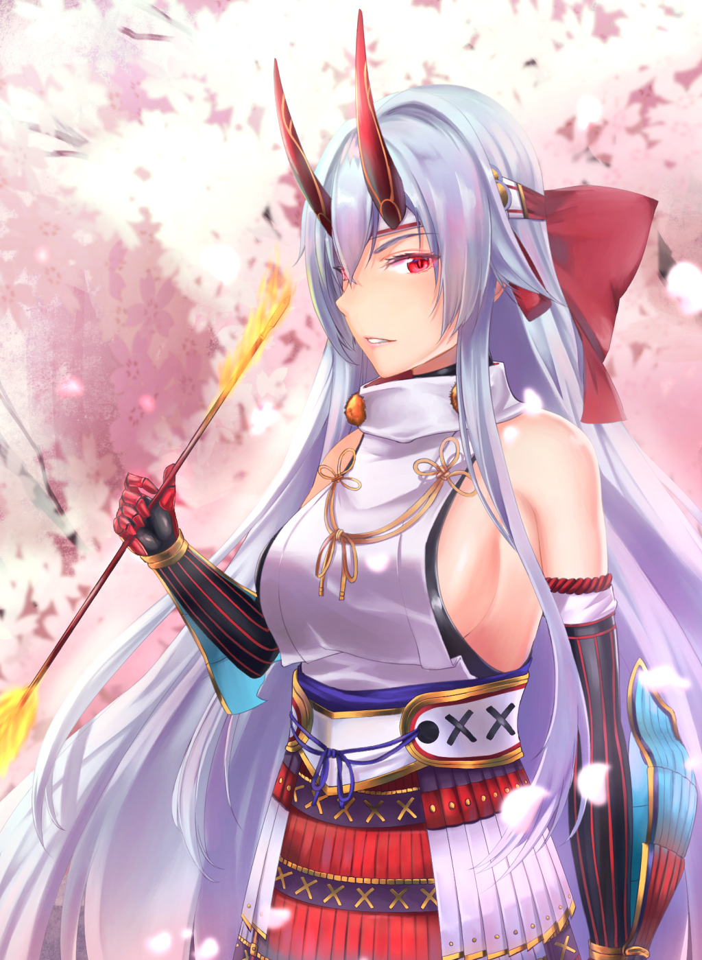 1girl armor arrow_(projectile) bow breasts cherry_blossoms commentary_request detached_sleeves fate/grand_order fate_(series) flaming_arrow gloves grey_hair hair_between_eyes hair_bow headband highres holding holding_arrow horns horns_through_headwear japanese_armor kusazuri large_breasts long_hair looking_at_viewer mochidayo_(lovefate999) oni_horns red_bow red_eyes red_gloves sideboob solo tomoe_gozen_(fate) very_long_hair white_headband