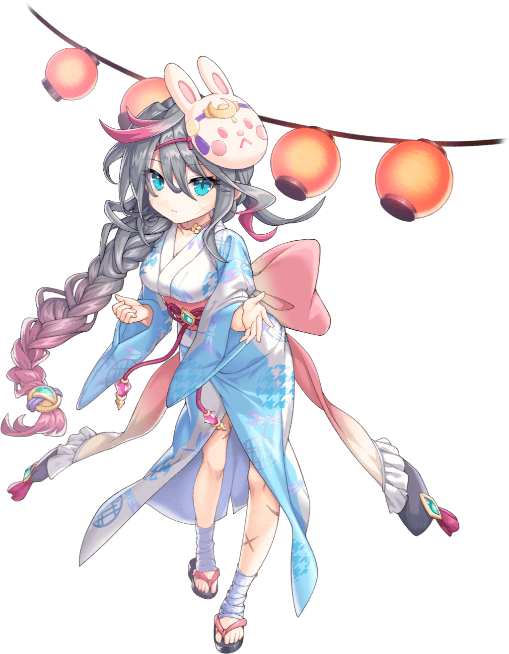 1girl artist_request blue_eyes breasts crescent_moon full_body game_cg grey_hair hair_between_eyes highres japanese_clothes lantern legend_clover mask mask_on_head moon multicolored_hair official_alternate_costume official_art pink_hair rabbit_mask sandals scar scar_on_face scar_on_leg spartacus_(legend_clover) third-party_source transparent_background