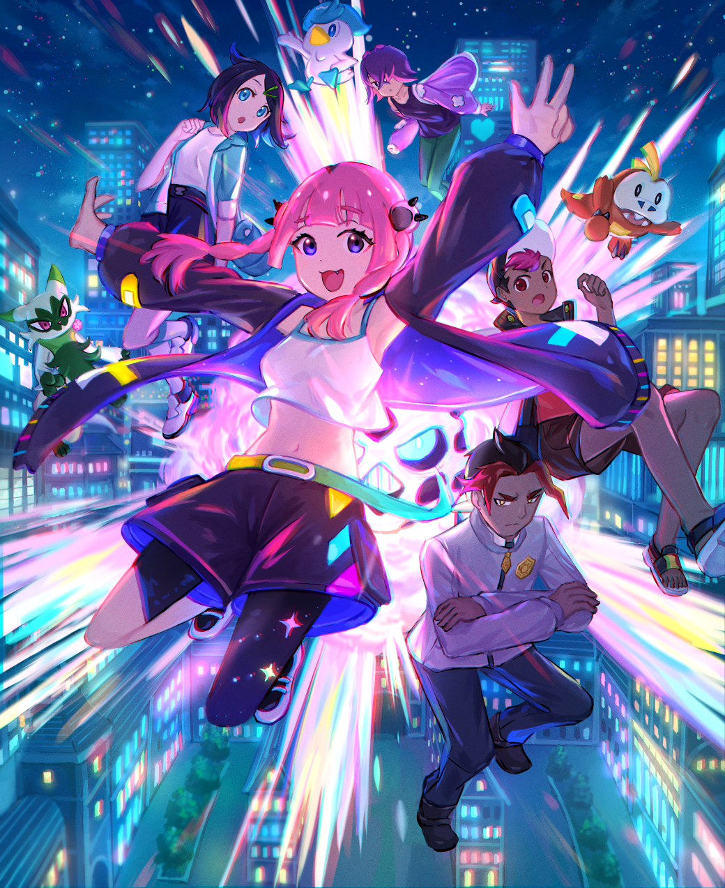 2boys 3girls black_hair blue_eyes braid building city colorful coral_(pokemon) crop_top crossed_arms dark dark_skin dot_(pokemon) explosion fang floragato frown fuecoco gen_3_pokemon glalie hair_ornament hairclip hand_up hat highres jacket jumping kutsunohito light_rays liko_(pokemon) long_hair midriff multicolored_hair multiple_boys multiple_girls navel night nintendo one_eye_covered open_clothes open_jacket open_mouth outstretched_arms paw_ornament pink_hair pokemon pokemon_(anime) pokemon_horizons purple_eyes purple_hair quaxly red_eyes roy_(pokemon) short_hair shorts sidian_(pokemon) smile spaghetti_strap sparkle star_(sky) tank_top tree twin_braids two-tone_hair
