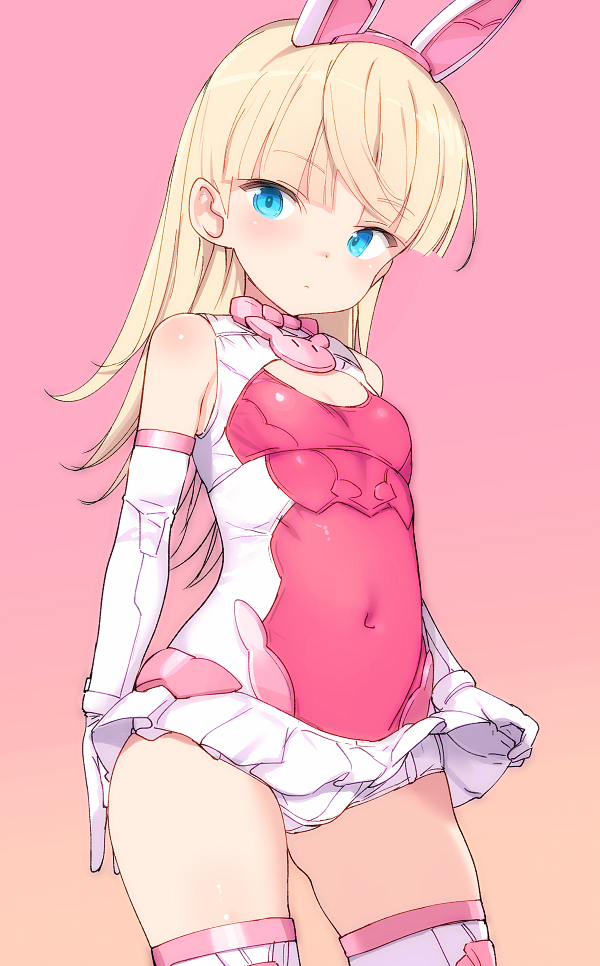 1girl 30_minutes_sisters animal_ears blonde_hair blue_eyes breasts clothes_lift covered_navel elbow_gloves expressionless fake_animal_ears gloves gluteal_fold leotard lifting_own_clothes lirinel_(30ms) long_hair microskirt multicolored_leotard pink_background pink_leotard rabbit_ears shimada_fumikane simple_background skirt skirt_lift small_breasts solo thighhighs thighs two-tone_leotard white_gloves white_leotard white_skirt white_thighhighs