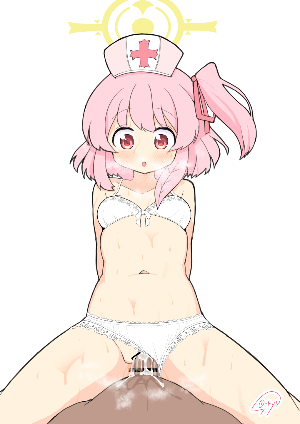 1boy 1girl bar_censor blue_archive blush bra breasts censored cum girl_on_top halo hat hetero highres navel nurse_cap one_side_up panties penis pink_eyes pink_hair pink_headwear pussy serina_(blue_archive) serina_(nurse)_(blue_archive) sex short_hair signature simple_background small_breasts sou_ryuu underwear underwear_only white_background white_bra white_panties yellow_halo