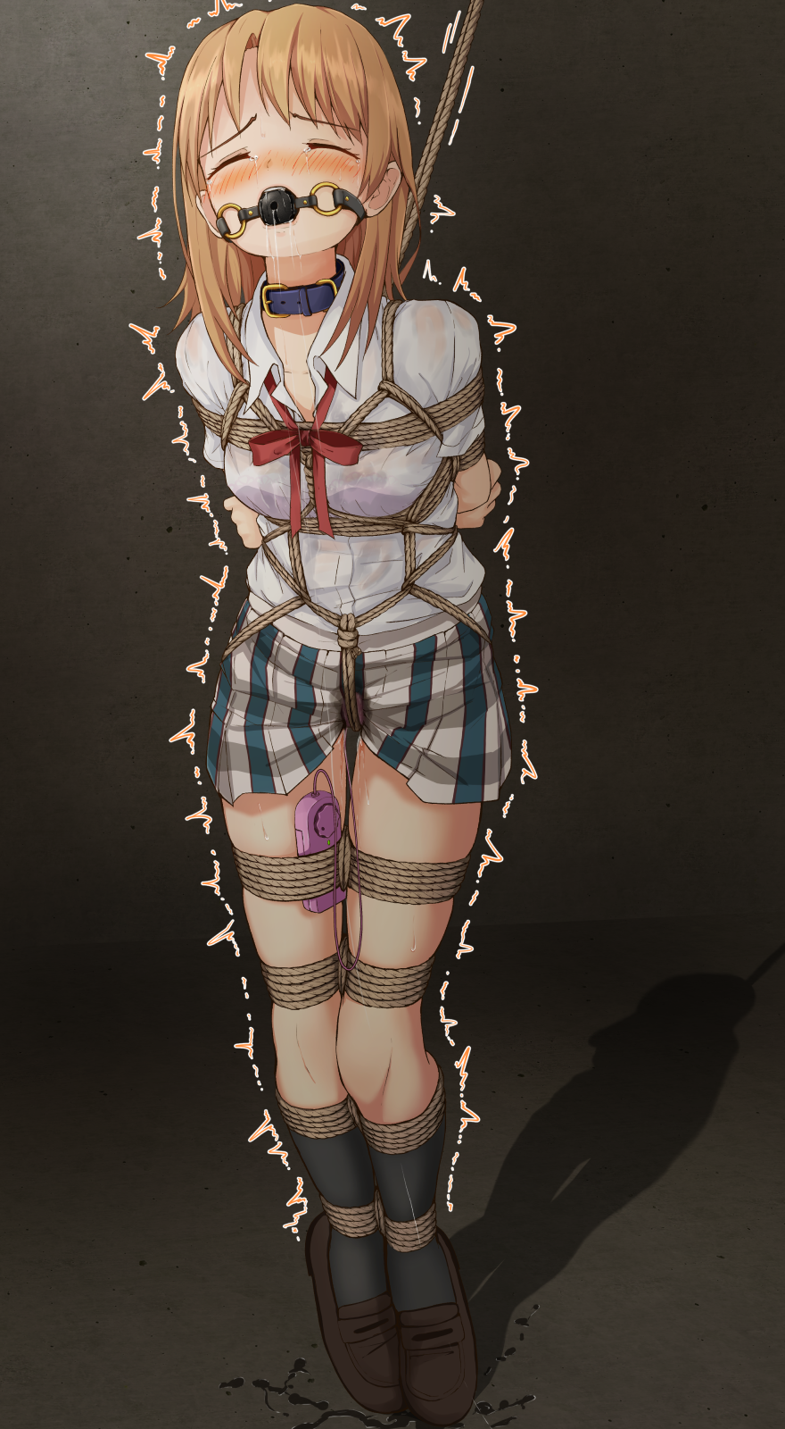 1girl ^_^ arms_behind_back ball_gag bdsm black_socks blush bondage bound bound_arms bound_legs bra breasts brown_hair brown_shoes closed_eyes collar collared_shirt commission controller crying drooling female_focus femuto full_body gag gagged highres indoors isshiki_iroha kneehighs legs legs_together long_hair miniskirt nose_blush open_mouth pink_bra pleated_skirt pussy_juice raised_eyebrows remote_control remote_control_vibrator rope saliva see-through_clothes see-through_shirt sex_toy shibari shibari_over_clothes shirt shirt_tucked_in shoes short_sleeves sidelocks skeb_commission skirt slave small_breasts socks solo standing striped_clothes striped_skirt sweat tears tiptoes trembling two-tone_skirt underwear vibrator vibrator_cord vibrator_under_clothes wet wet_clothes white_shirt wiffle_gag yahari_ore_no_seishun_lovecome_wa_machigatteiru.