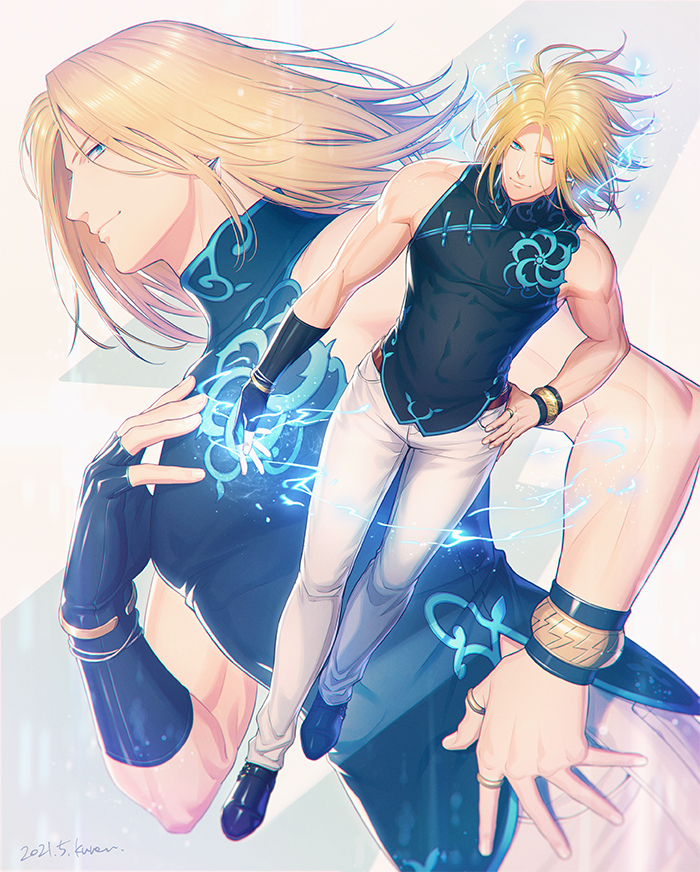 1boy belt black_footwear black_gloves black_tank_top blonde_hair blue_eyes bracelet brown_belt compression_shirt earrings electricity fingerless_gloves gloves jewelry kuren long_hair male_focus nikaidou_benimaru pants ring solo tank_top the_king_of_fighters white_pants