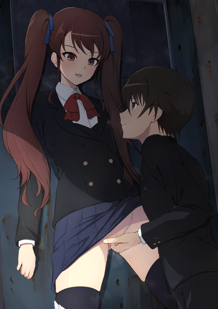 1boy 1girl against_wall akazawa_izumi another black_hair black_thighhighs blue_ribbon blush bow breasts brown_eyes brown_hair clothes_lift fingering fingernails happy_sex hetero highres kneeling long_hair ocza open_mouth panties panties_around_leg pussy pussy_juice red_bow ribbon sakakibara_kouichi school_uniform skirt skirt_lift small_breasts thighhighs twintails underwear yomiyama_north_junior_high_school_uniform