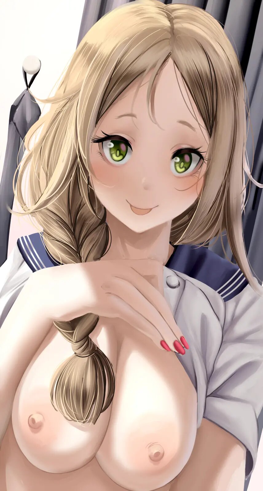 1girl atelier_(series) atelier_firis braid braided_ponytail breasts brown_hair clothes_lift dkoro eyelashes female_focus firis_mistlud green_eyes highres large_breasts long_hair nail_polish nipples no_bra red_nails school_uniform selfie shirt_lift smile solo