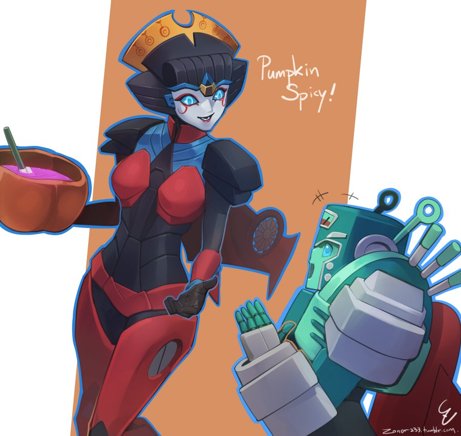 2girls blue_eyes breasts english_text humanoid_robot mechanical_wings medium_breasts multiple_girls nickel_(transformers) panties pumpkin red_lips red_panties robot robot_girl size_difference the_transformers_(idw) transformers underwear windblade wings zoner