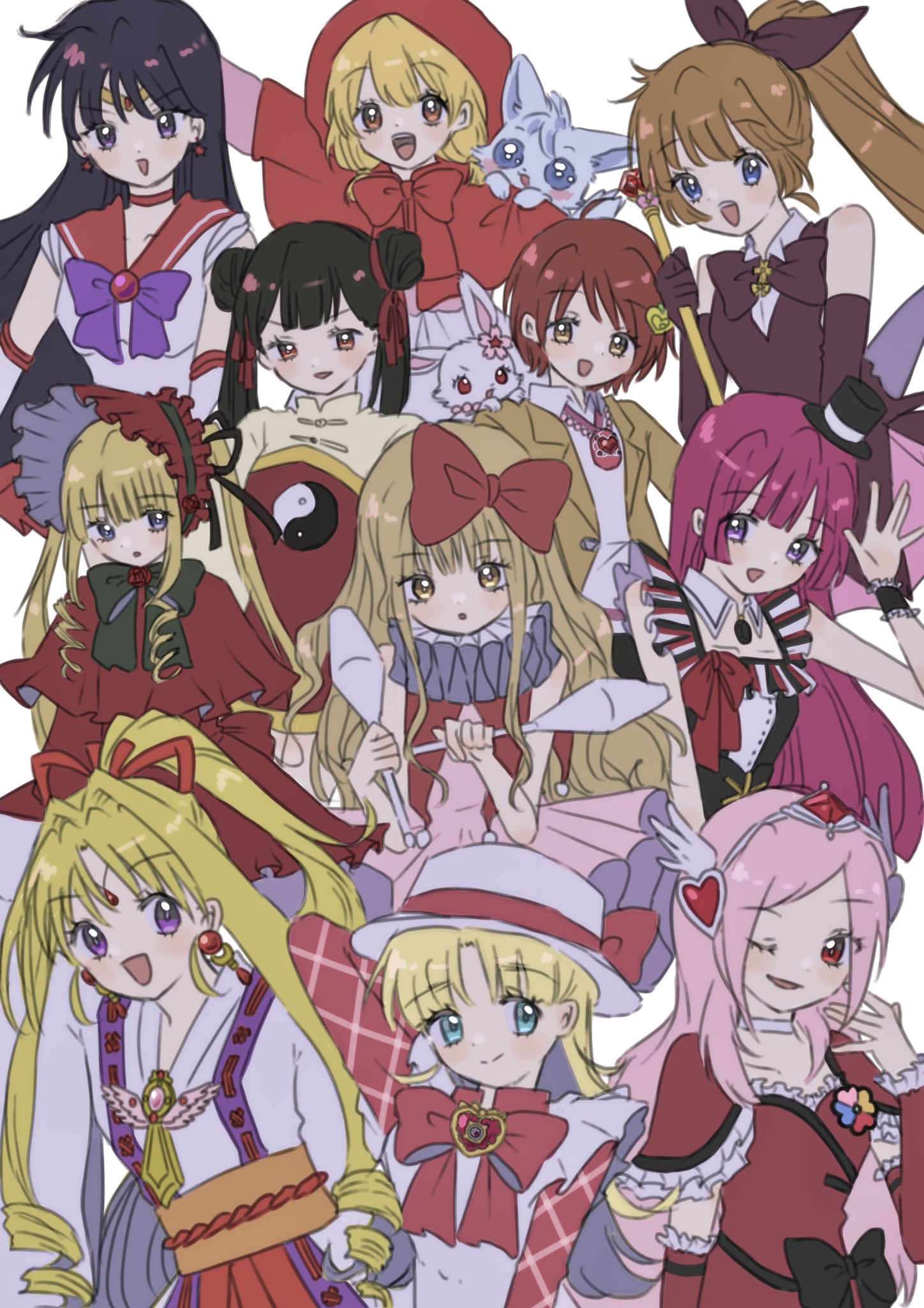 6+girls akazukin_chacha animal arm_up ashita_no_nadja atat_karubi bishoujo_senshi_sailor_moon black_bow black_bowtie black_hair blonde_hair blue_eyes bonnet bow bowtie brooch brown_hair capelet cardcaptor_sakura chacha_(akazukin_chacha) chinese_clothes choker cloak closed_mouth clown_drop color_connection commentary crossover cure_passion dot_mouth double_bun dress drill_hair earrings elbow_gloves english_commentary female_focus flower fresh_precure! frilled_dress frills gloves hair_bow hair_bun hair_flower hair_ornament hair_ribbon haneoka_meimi hat heart heart_brooch heart_hair_ornament higashi_setsuna high_ponytail highres hino_rei hojo_sophy holding holding_wand japanese_clothes jewelpet jewelpet_(series) jewelry juggling_club kaitou_jeanne kaitou_saint_tail kamikaze_kaitou_jeanne kimono kougyoku_rinko kusakabe_maron li_meiling light_smile long_hair looking_at_viewer magical_girl mashiro_rima mini_hat mini_top_hat multiple_crossover multiple_girls nadja_applefield neck_ruff obi one_eye_closed open_mouth pink_dress pink_hair ponytail precure pretty_series pripara purple_bow purple_bowtie purple_eyes rabbit red_bow red_bowtie red_capelet red_choker red_dress red_eyes red_gloves red_hair red_ribbon red_sailor_collar red_theme ribbon riiya_(akazukin_chacha) rozen_maiden ruby_(jewelpet) sailor_collar sailor_mars sailor_senshi_uniform saint_tail sash shinku short_hair shugo_chara! sleeveless sleeveless_dress tiara top_hat twintails wand wavy_hair white_gloves wink wolf wristband yellow_eyes yin_yang yin_yang_print yukata