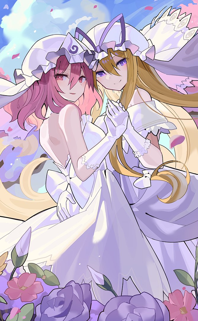 2girls back_bow blonde_hair blue_sky bow check_commentary closed_mouth cloud commentary commentary_request commission day dress falken_(yutozin) female_focus flower gloves hair_between_eyes hair_bow hat hat_ribbon long_bangs long_hair mob_cap multiple_girls open_mouth petals pink_eyes pink_flower pink_hair plant purple_eyes purple_flower purple_ribbon revision ribbon saigyouji_yuyuko short_hair skeb_commission sky smile split_mouth touhou triangular_headpiece wedding_dress white_bow white_dress white_gloves wife_and_wife yakumo_yukari yellow_flower yuri