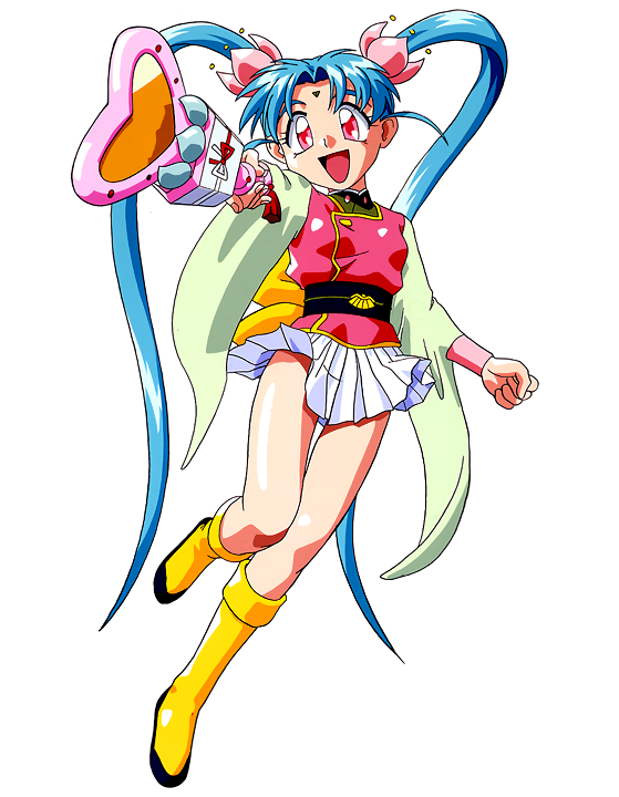 1girl aqua_hair facial_mark forehead_mark full_body holding holding_wand long_hair long_sleeves mahou_shoujo_pretty_sammy masaki_sasami_jurai miniskirt official_art open_mouth outstretched_arm photoshop_(medium) pink_eyes pleated_skirt pretty_sammy_(character) simple_background skirt solo tenchi_muyou! twintails very_long_hair wand white_background white_skirt wide_sleeves