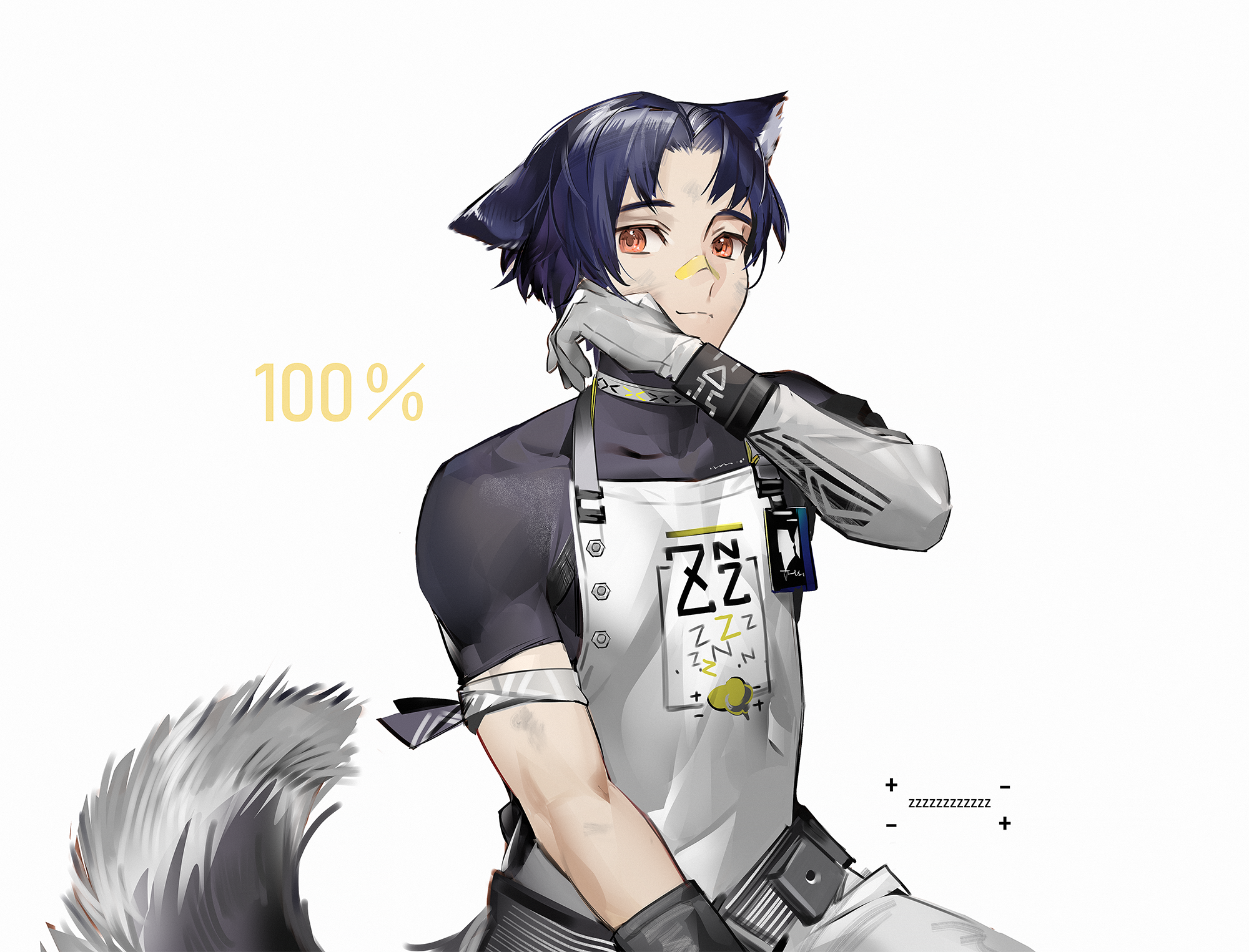 1boy animal_ears apron arknights armband bandaid bandaid_on_face bandaid_on_nose bishounen black_hair black_shirt dog_boy dog_ears dog_tail gloves highres infection_monitor_(arknights) male_focus orange_eyes shirt short_hair solo tail toned toned_male white_apron white_gloves windflit_(arknights) wiping_face yyb