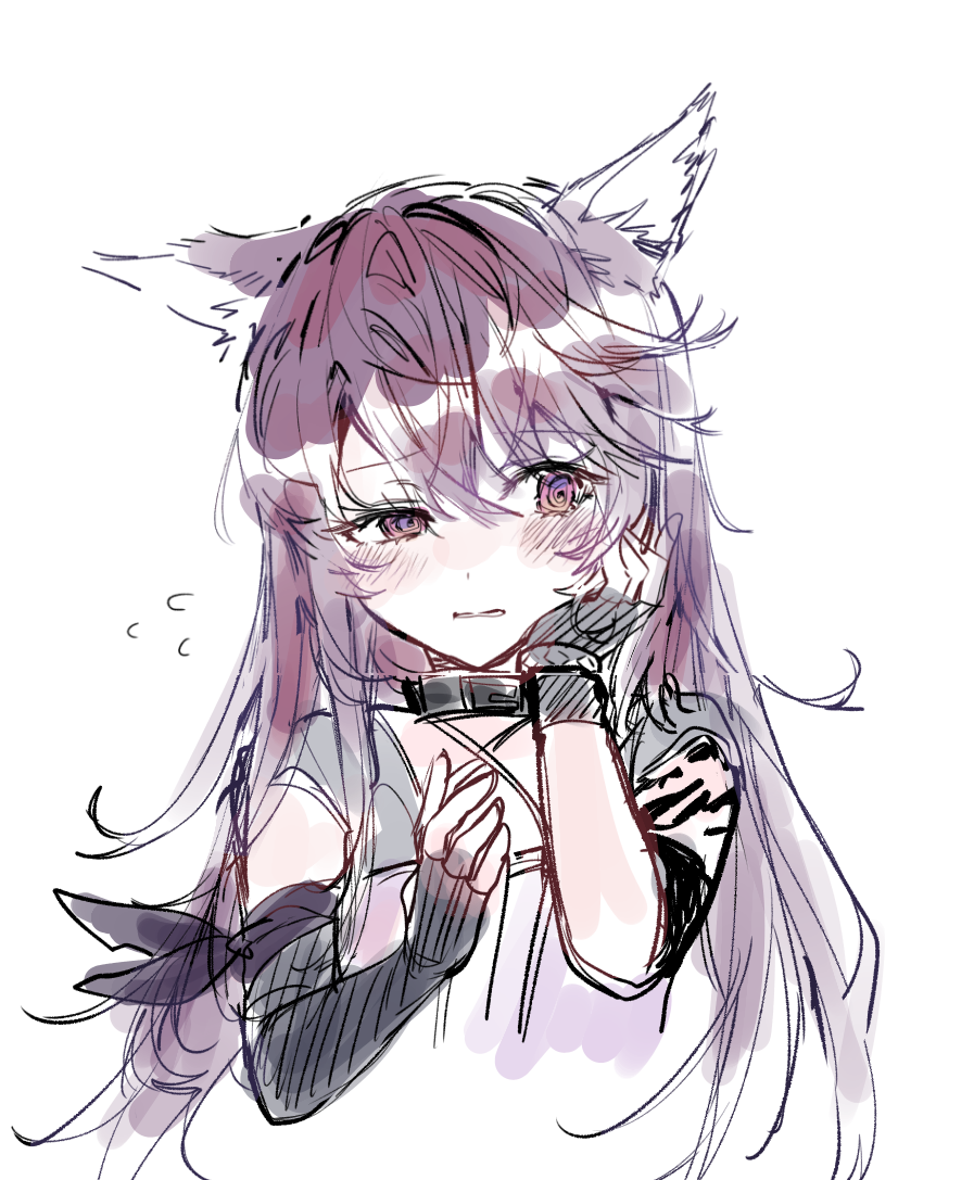 1girl 414_(hncx3355) @_@ animal_ear_fluff animal_ears arknights asymmetrical_gloves black_collar black_gloves blush brown_eyes collar cropped_torso dress elbow_gloves fingerless_gloves flying_sweatdrops gloves grey_dress hair_between_eyes hands_up long_hair melantha_(arknights) parted_lips purple_hair simple_background single_elbow_glove solo upper_body wavy_mouth white_background
