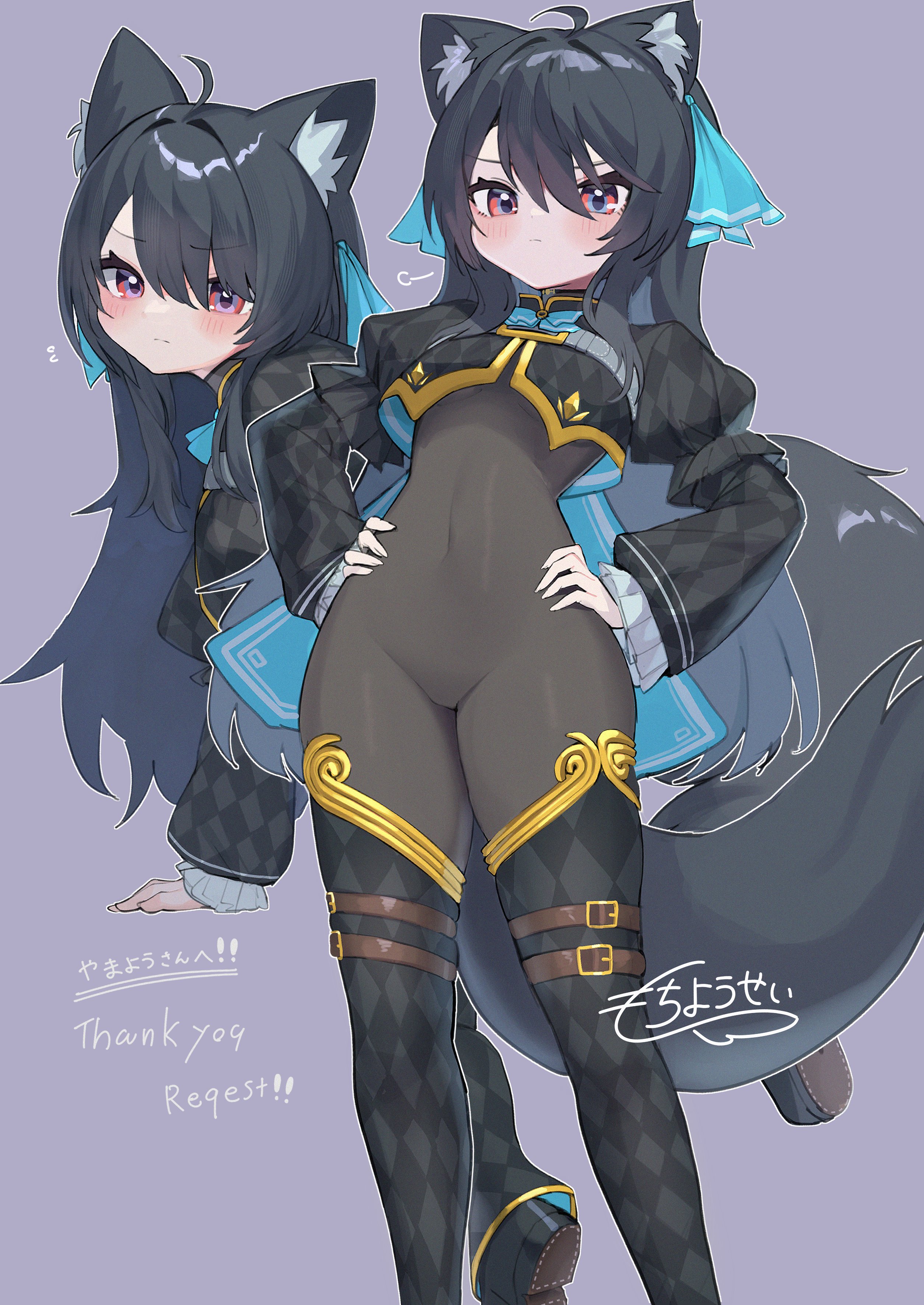1girl absurdres ahoge animal_ear_fluff animal_ears argyle_clothes argyle_shirt argyle_thighhighs artist_request black_footwear black_hair black_shrug blush bodystocking bodysuit borrowed_character breasts cat_ears cat_girl chest_belt covered_navel detached_pants gold_trim gradient_eyes hair_ribbon hands_on_own_hips highres impossible_bodysuit impossible_clothes long_hair long_sleeves looking_at_viewer multicolored_eyes original red_eyes ribbon second-party_source see-through_bodystocking shrug_(clothing) simple_background small_breasts standing svartlilja_(vrchat) tail vrchat