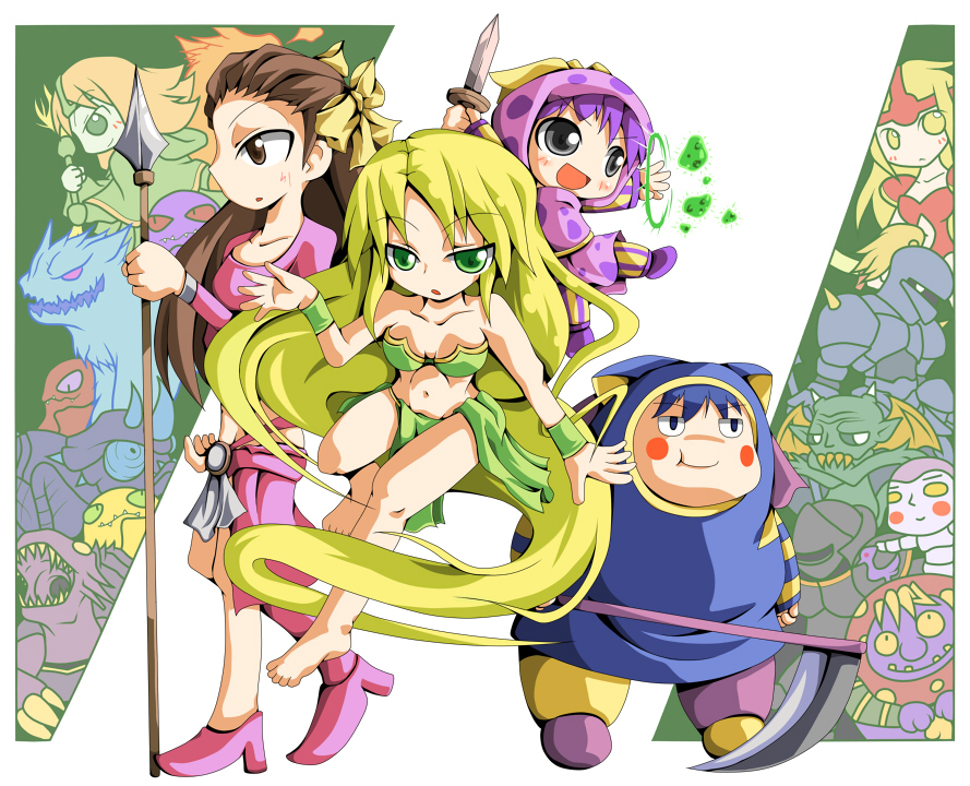 1990s_(style) barbariccia bikini blonde_hair blue_hair brown_hair caraduki cindy final_fantasy final_fantasy_iv green_eyes grey_eyes knife long_hair magus_sisters mindy monster polearm purple_hair ribbon sandy scythe short_hair spear swimsuit very_long_hair weapon