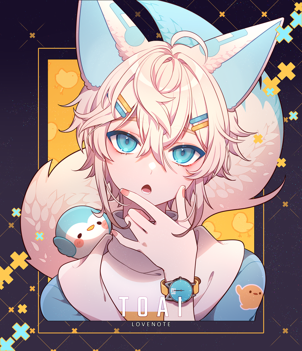 1boy ahoge animal animal_ear_tattoo animal_ears animal_on_shoulder animal_print argyle_background argyle_clothes bird bird_on_shoulder bird_print black_background blonde_hair blue_eyes blue_jacket character_name commentary english_commentary english_text fingernails hair_ornament hairclip hand_on_own_chin hen-tie highres hood hood_down hooded_jacket jacket looking_at_viewer lower_teeth_only male_focus musical_note_tattoo open_mouth original pink_nails scarf shirt short_hair_with_long_locks solo tail tattoo teeth toai_(hen-tie) triangle_mouth upper_body watch white_hood white_scarf white_shirt wristwatch