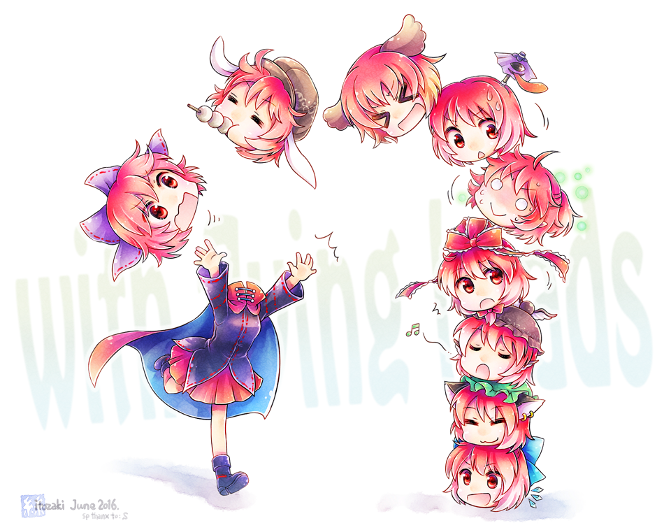&gt;:&gt; &gt;:d &gt;_&lt; 1girl :&gt; :3 :d =_= ^^^ ahoge alternate_hairstyle alternate_headwear animal_ears arms_up artist_name blank_eyes boots cape cat_ears chen chen_(cosplay) chestnut_mouth cirno cirno_(cosplay) closed_eyes cosplay dango dated disembodied_head female_focus flat_cap floppy_ears food full_body hair_ribbon hat ice ice_wings itozaki_(itzk0110) kagiyama_hina kagiyama_hina_(cosplay) karakasa_obake kasodani_kyouko kasodani_kyouko_(cosplay) long_sleeves looking_at_another looking_down looking_up mizuhashi_parsee mizuhashi_parsee_(cosplay) mob_cap motion_lines multiple_heads music musical_note mystia_lorelei mystia_lorelei_(cosplay) open_mouth pointy_ears ponytail rabbit_ears red_eyes red_hair ribbon ringo_(touhou) ringo_(touhou)_(cosplay) sekibanki shaded_face shirt short_hair singing skirt smile solo stage_connection sweat sweatdrop tatara_kogasa tatara_kogasa_(cosplay) text_background touhou umbrella v-shaped_eyebrows wagashi watermark wavy_mouth white_background wings xd