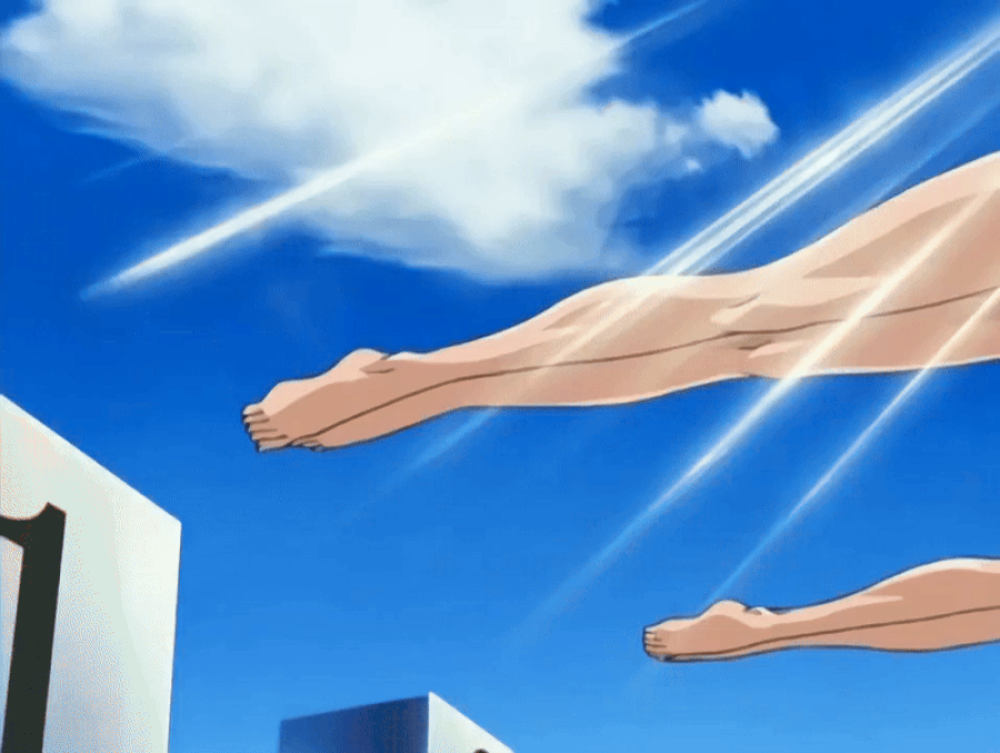 00s 2005 2girls animated animated_gif ass barefoot bible_black bible_black_only blonde_hair blue_sky breasts curvy day diving highleg highleg_one-piece_swimsuit jumping large_breasts light_rays looking_down lowres multiple_girls one-piece_swimsuit saeki_kaori shiny_skin sky smile sunbeam sunlight swim_cap swimsuit tagme two-tone_swimsuit