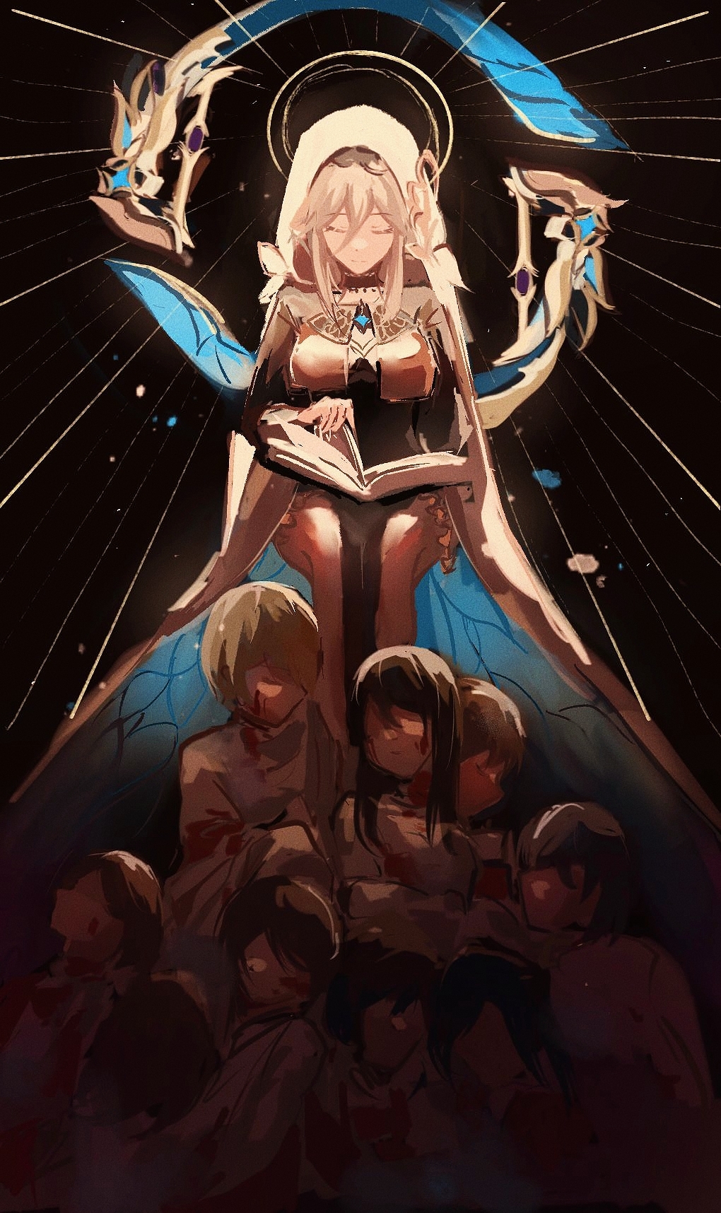 aponia_(honkai_impact) black_background black_dress blonde_hair book breast_curtains breasts chakram closed_eyes closed_mouth dou_g_(douglasiai413) dress hair_between_eyes halo highres holding holding_book honkai_(series) honkai_impact_3rd light_rays multiple_boys multiple_girls nun open_book pelvic_curtain veil weapon white_veil