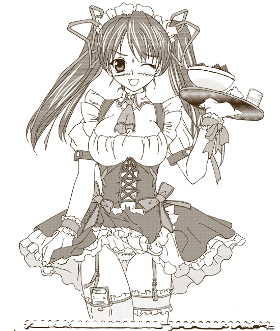 00s 1girl blush breasts cleavage cowboy_shot facing_viewer female_focus garter_straps greyscale holding holding_tray looking_at_viewer medium_breasts monochrome muteki_kanban_musume one_eye_closed onimaru_miki panties panty_peek short_sleeves simple_background smile solo standing sweatdrop tray twintails underwear waitress waitress_uniform white_background wink
