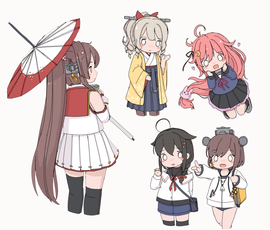 5girls aji_(ajinohirakisan) bag black_hair black_thighhighs brown_hair crescent crescent_hair_ornament detached_sleeves grey_hair hair_flaps hair_ornament hair_ribbon hatakaze_(kancolle) headgear jacket japanese_clothes kantai_collection long_hair long_sleeves meiji_schoolgirl_uniform multiple_girls oil-paper_umbrella open_mouth pink_hair pleated_skirt ponytail rabbit_hair_ornament ribbon shigure_(kancolle) simple_background skirt swimsuit swimsuit_under_clothes tassel thighhighs umbrella uzuki_(kancolle) very_long_hair white_jacket yamato_(kancolle) yukikaze_(kancolle) yukikaze_(swimsuit)_(kancolle)