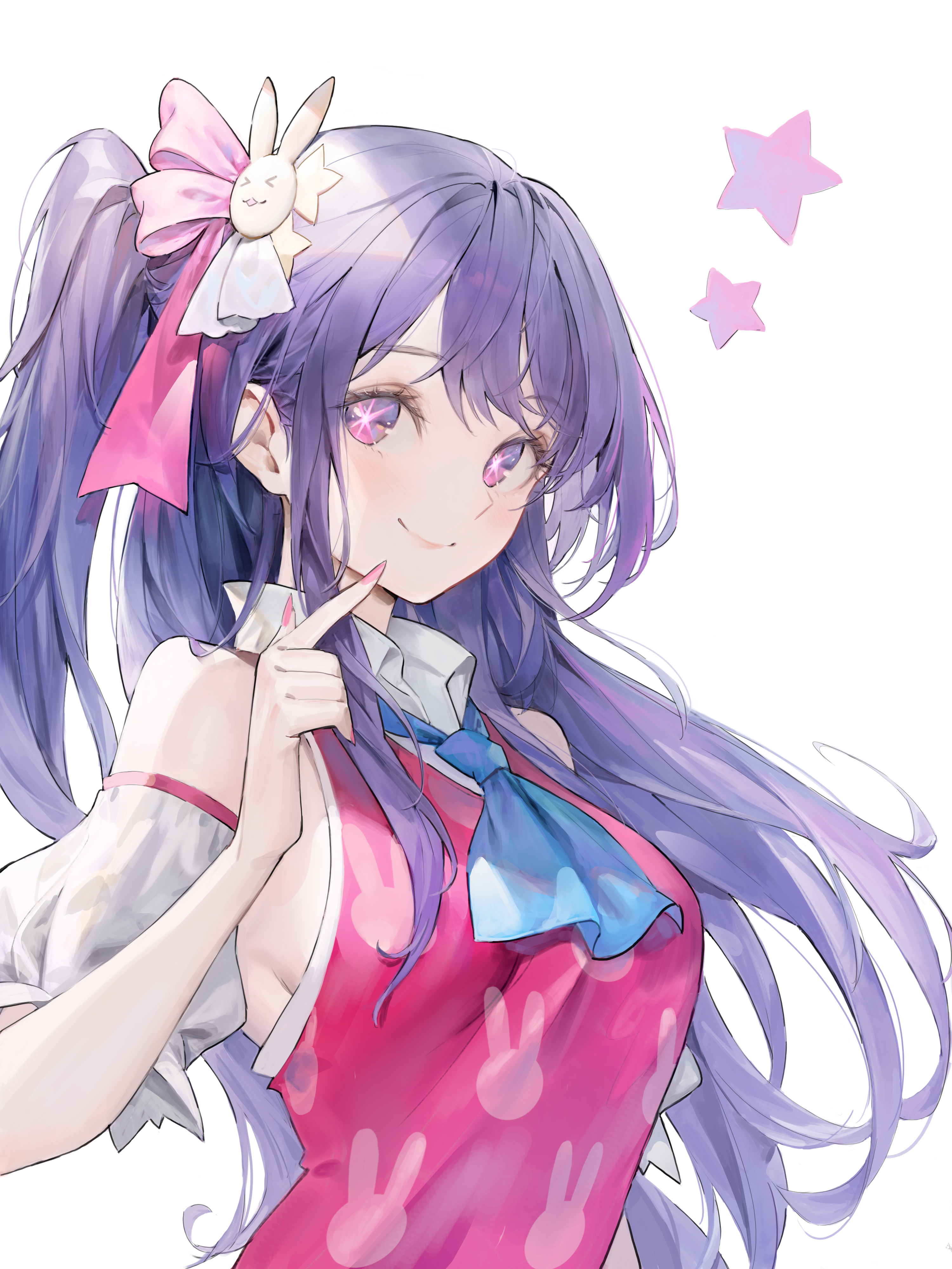 1girl absurdres animal_print ascot blue_ascot blush breasts closed_mouth collared_shirt detached_sleeves fingernails hair_between_eyes hair_ornament hair_ribbon hand_up highres hoshino_ai idol jung_wonjo long_fingernails long_hair looking_at_viewer medium_breasts multicolored_eyes nail_polish one_side_up oshi_no_ko pink_eyes pink_nails pink_ribbon pink_shirt puffy_short_sleeves puffy_sleeves purple_eyes purple_hair rabbit_hair_ornament rabbit_print ribbon shirt short_sleeves sidelocks simple_background smile solo standing star-shaped_pupils star_(symbol) star_hair_ornament symbol-shaped_pupils white_background white_ribbon