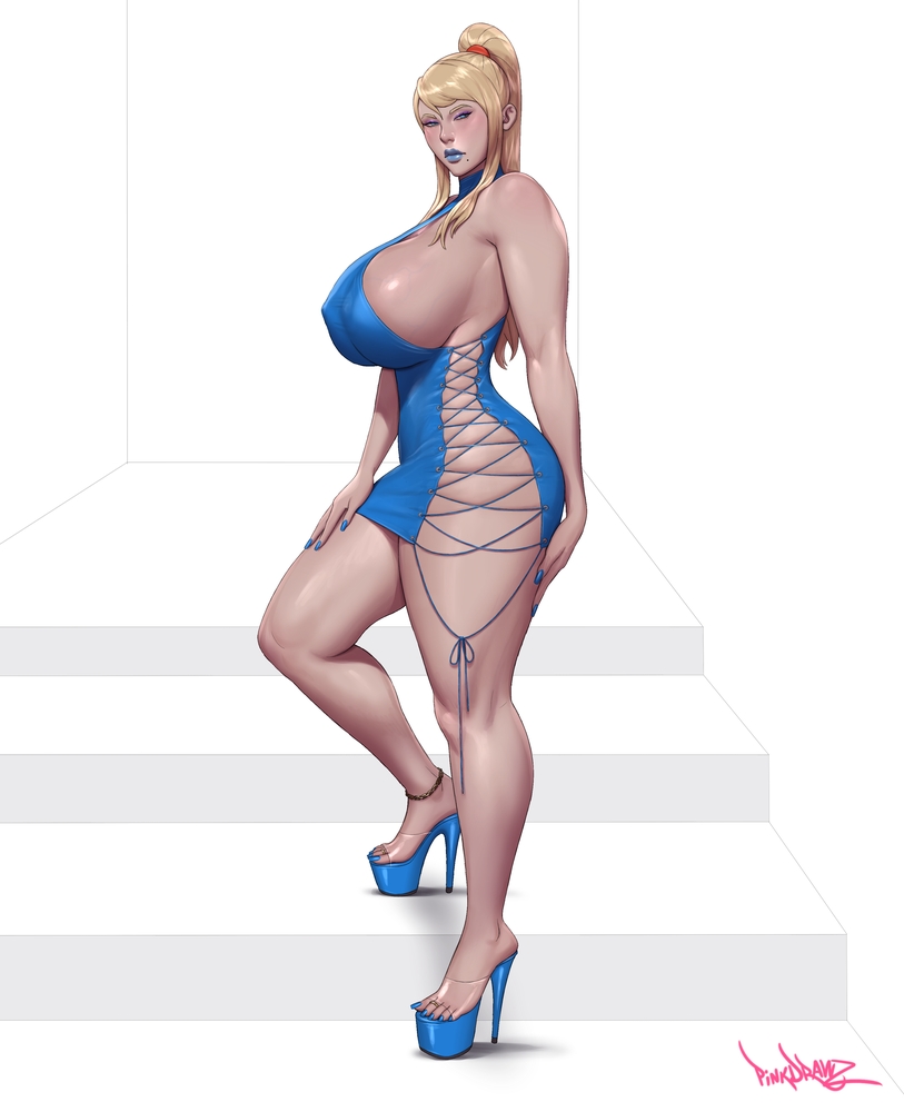 1girl blonde_hair breasts huge_breasts long_hair metroid nintendo pinkdrawz samus_aran