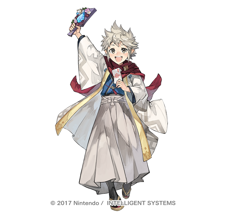 1boy dragonstone envelope fire_emblem fire_emblem_fates fire_emblem_heroes full_body grey_eyes hagoita holding holding_envelope japanese_clothes kana_(fire_emblem) kana_(male)_(fire_emblem) kana_(male)_(rising_dragon)_(fire_emblem) kimono looking_at_viewer male_focus nintendo official_alternate_costume official_art open_mouth paddle scarf simple_background smile solo spiked_hair tapioka_chaso white_background white_hair