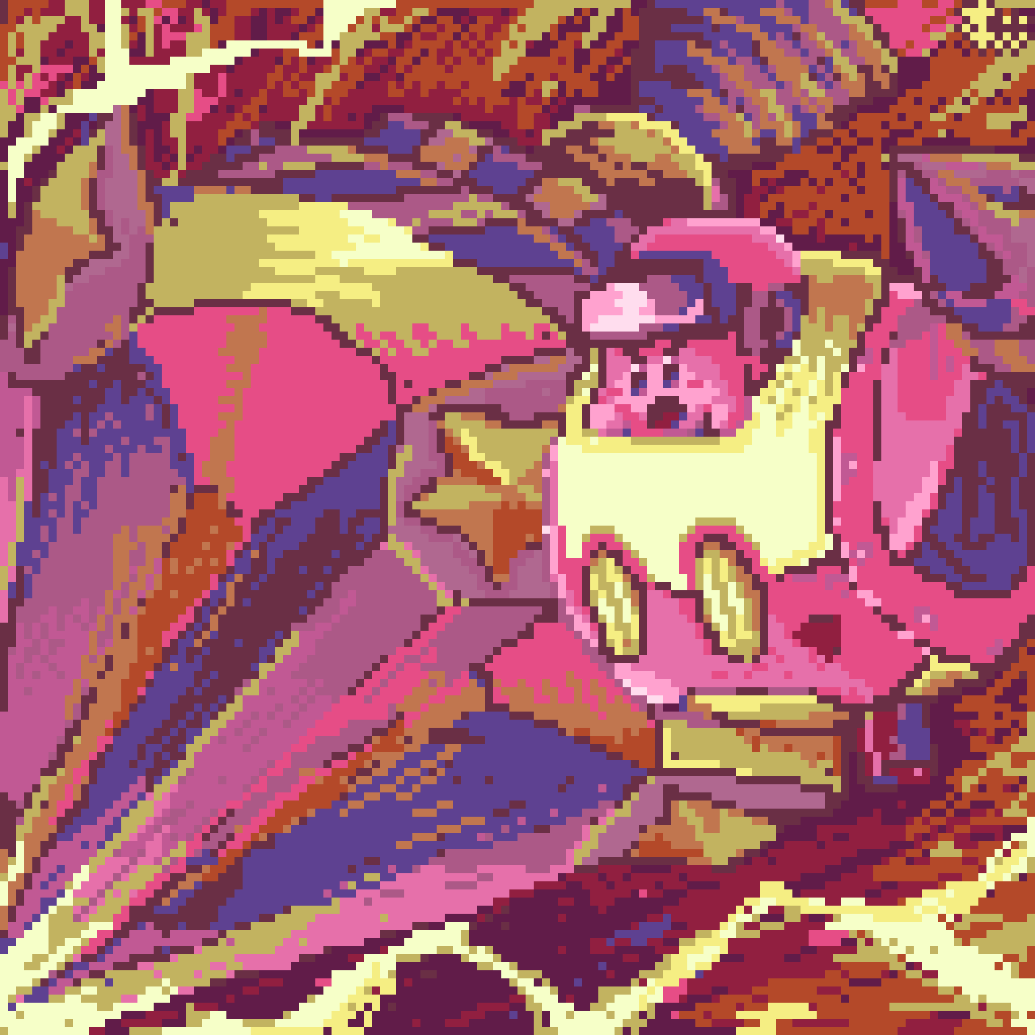 black-framed_eyewear black_eyes blush_stickers colored_skin commentary_request determined drill fighting_stance goggles goggles_on_headwear helmet highres huge_weapon kirby kirby:_planet_robobot kirby_(series) limited_palette looking_ahead mecha motion_lines nintendo no_humans open_mouth orange_background pink_helmet pink_skin pixel_art robobot_armor robot signature star_(symbol) suyasuyabi v-shaped_eyebrows weapon