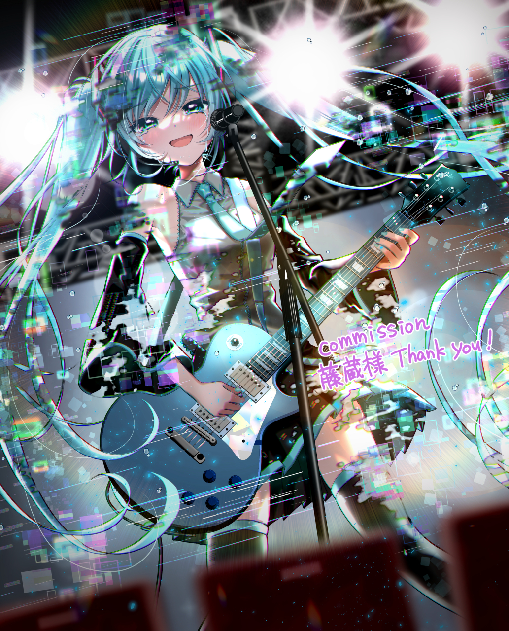 1girl :d backlighting bare_shoulders black_skirt black_sleeves black_thighhighs blush breasts commentary_request commission crying crying_with_eyes_open detached_sleeves english_text fujiwara_aoi glitch green_eyes green_hair green_nails green_necktie guitar hair_between_eyes half-closed_eyes hatsune_miku hatsune_miku_no_shoushitsu_(vocaloid) highres holding holding_instrument holding_microphone instrument lens_flare light_particles long_hair long_sleeves microphone miniskirt music necktie open_mouth pixelated playing_instrument pleated_skirt sad_smile sidelocks singing skirt small_breasts smile solo spotlight stage streaming_tears tears thighhighs twintails very_long_hair vocaloid wide_sleeves zettai_ryouiki